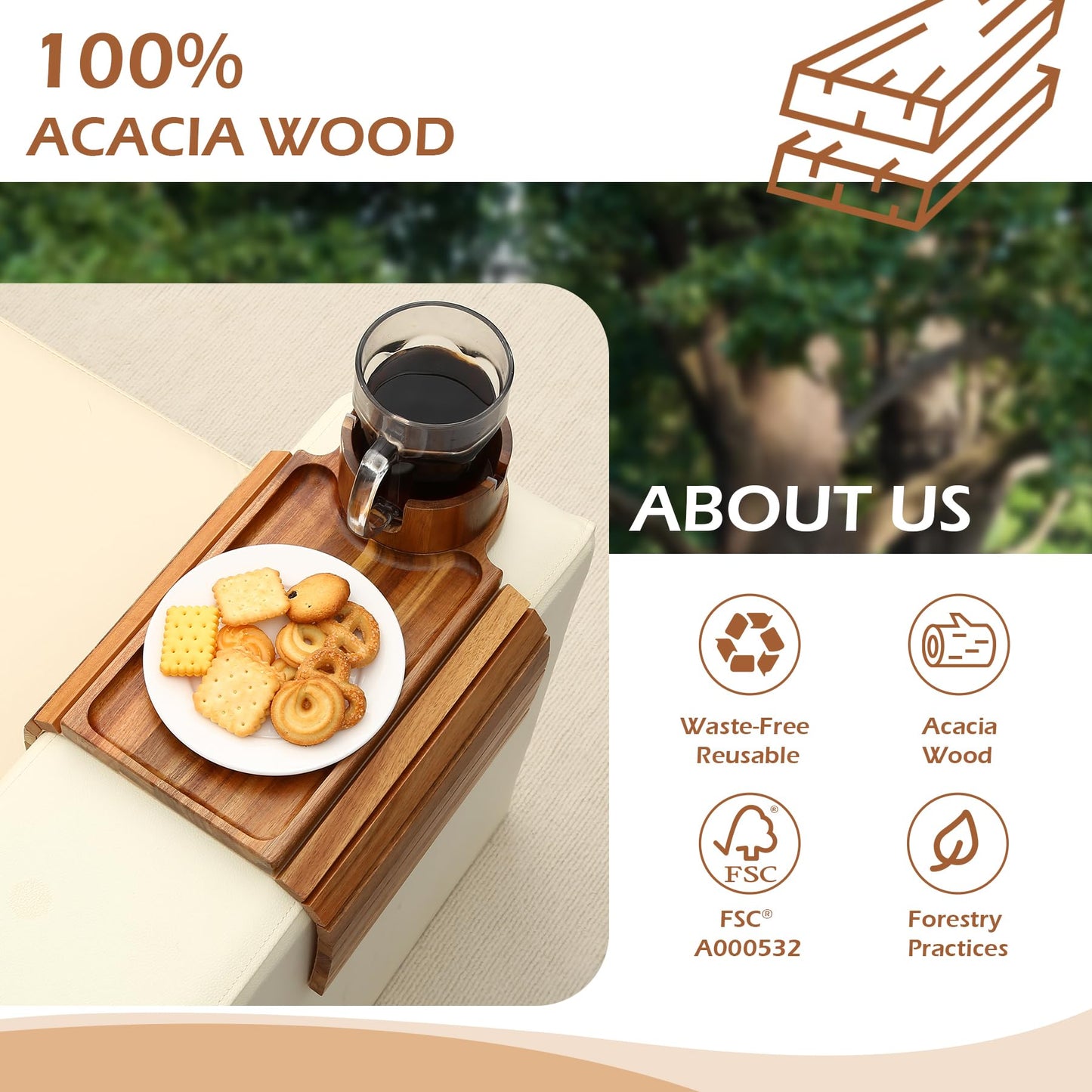 GHKINMAL Couch Cup Holder Tray, Acacia Wood Couch Armrest Table with 360° Ratated Phone Holder, 18.99" Flodable Anti-Slip Sofa Armrest Tray Tables for Snacks Remote Storage