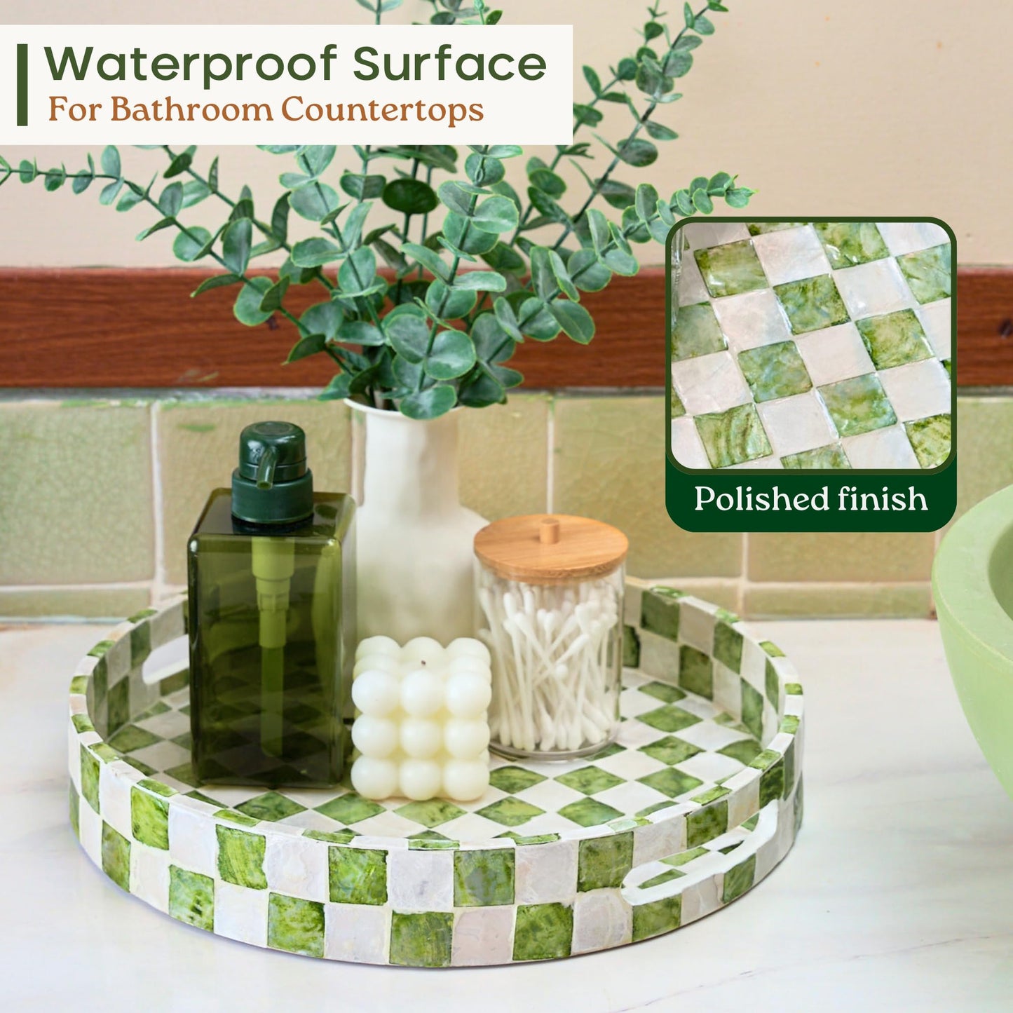 CHI AN HOME 12.6" Round Decorative Tray with Handles, Checkered Capiz Mother of Pearl Serving Tray for Coffee Table, Kitchen Counter, or Bathroom (Pistachio Green and White)