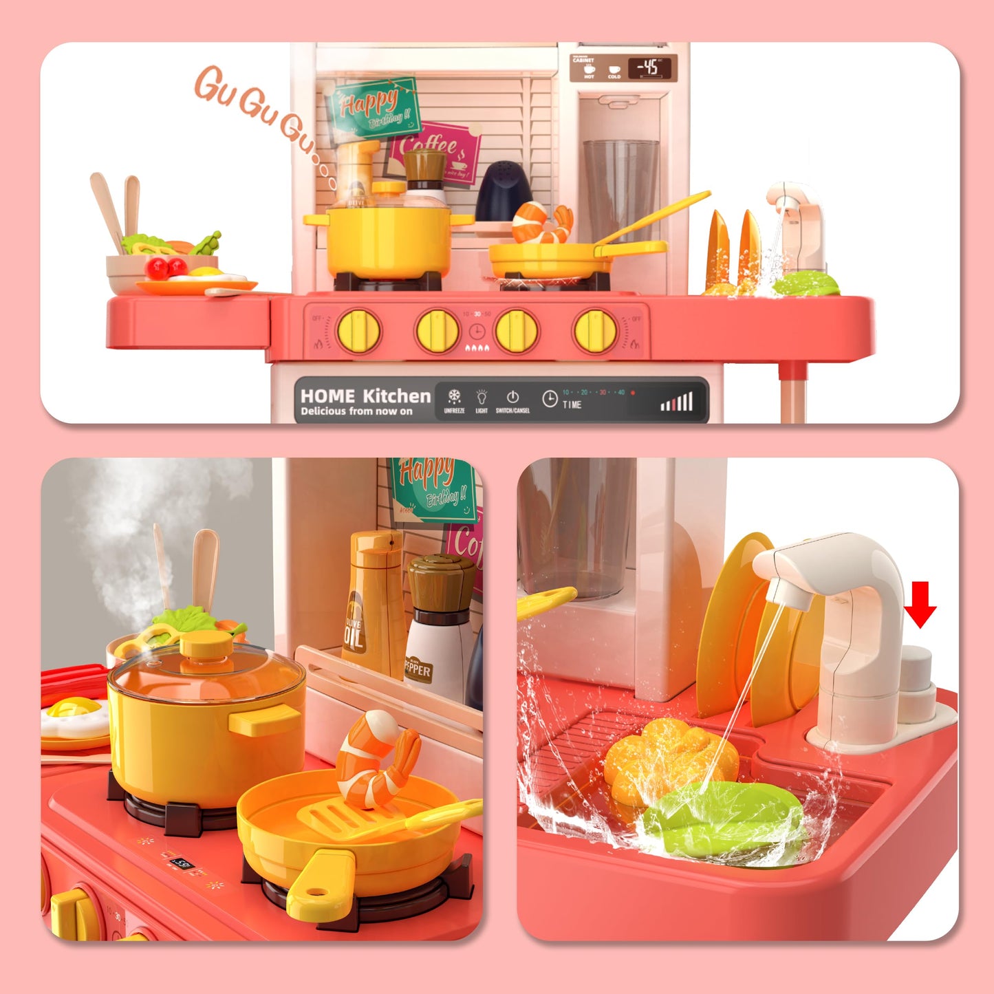 Kids Kitchen Play Set,Interactive Kids Kitchen Play Set with 50Pcs of Pretend Kitchen Toys,Realistic Sound Effects,and Simulated Functionality - Suitable for Toddlers Aged 3-5 Years(Pink)