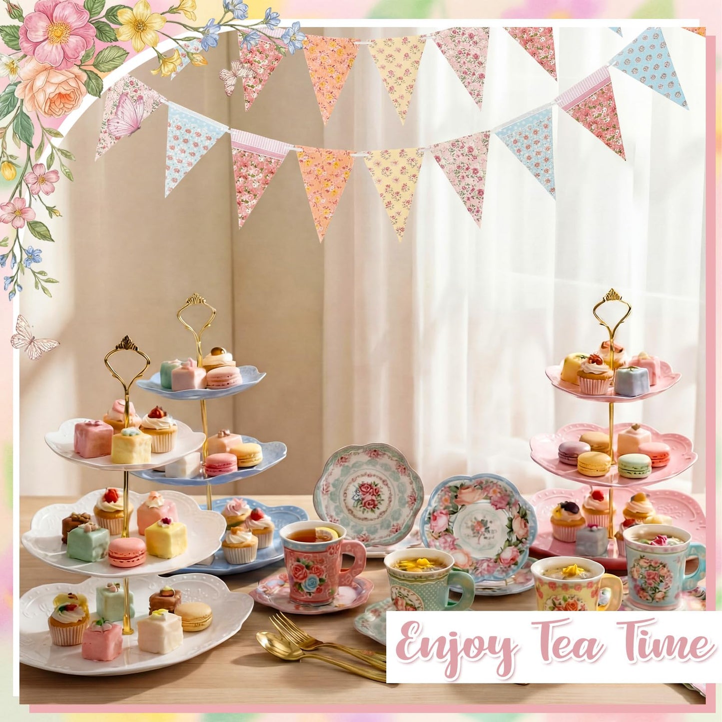 Nuogo 244pcs/40set Disposable Tea Party Supplies Vintage Floral Paper Tea Plates Cups Napkin 3 Tier Cake Stand Bunting Banner and Disposable Tableware for Birthday Baby Shower Bridal Wedding, Serve 40