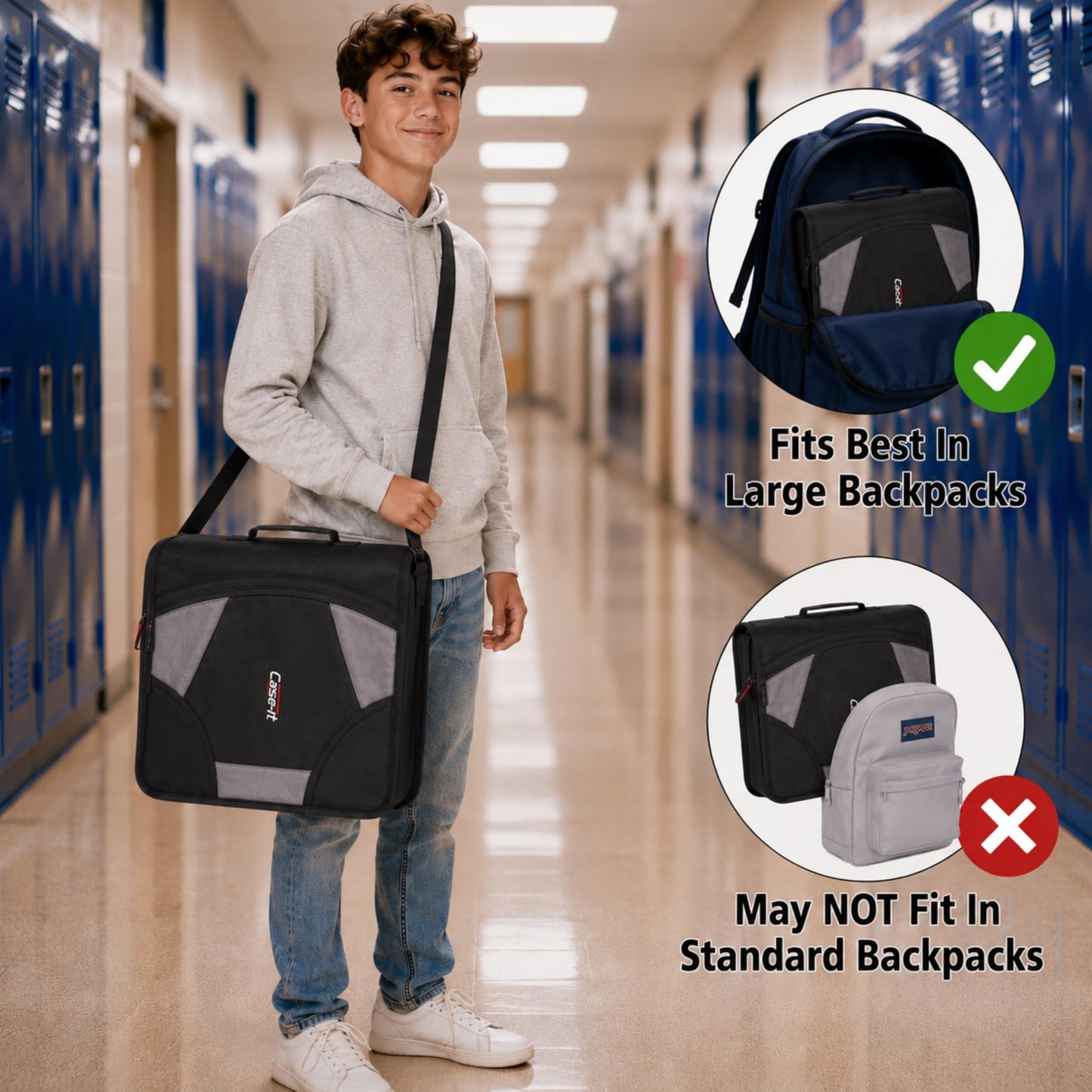 Case-it King Sized Zip Tab School Zipper Binder | 4-Inch D-Rings, 800 Sheet Capacity, 5-Subject Expanding File Folder, Multiple Pockets & Storage Organizer, Shoulder Strap | D-186 Jet Black