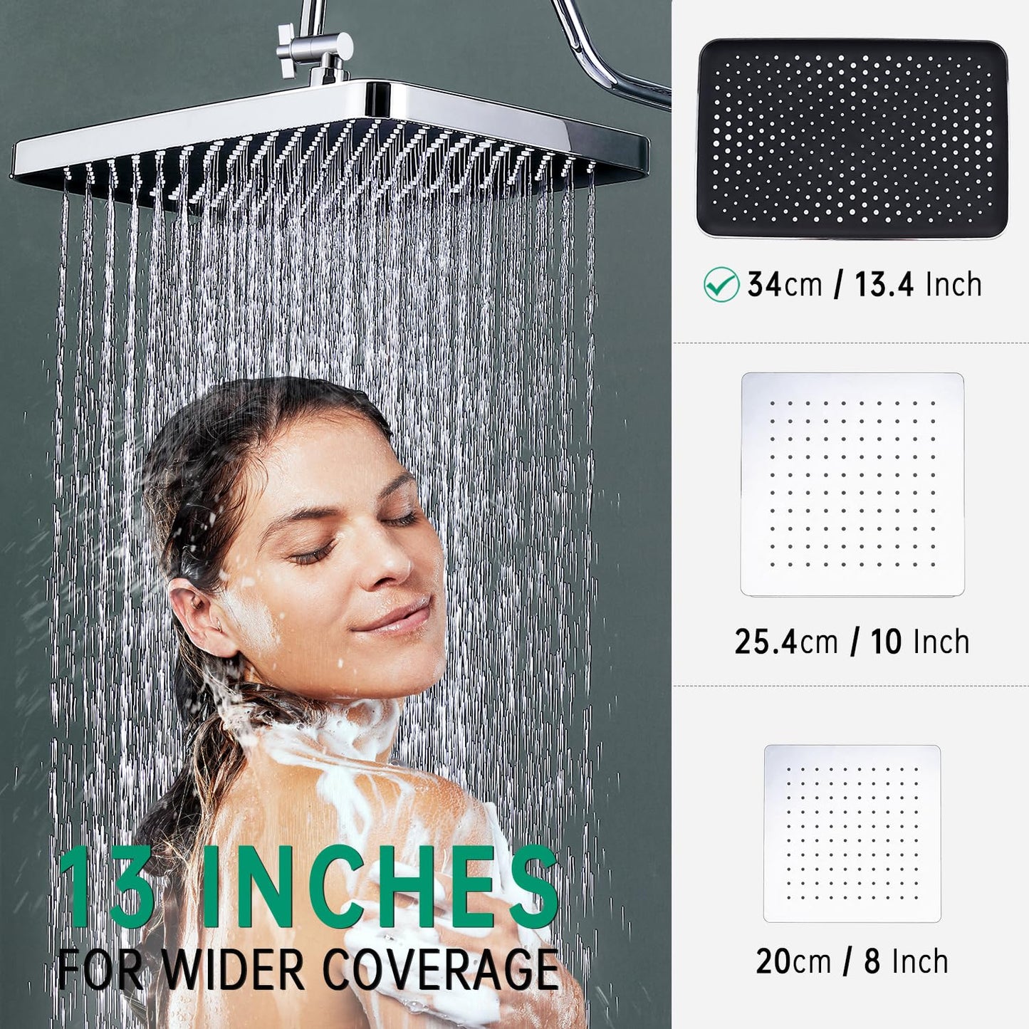 13 Inch Rainfall Shower Head with Multi-Function Handheld Sprayer Combo, 3-Way Metal Extended Diverter with Holder and Metal Adjustable Curved Shower Extension Arm, Extra Long Hose Chrome