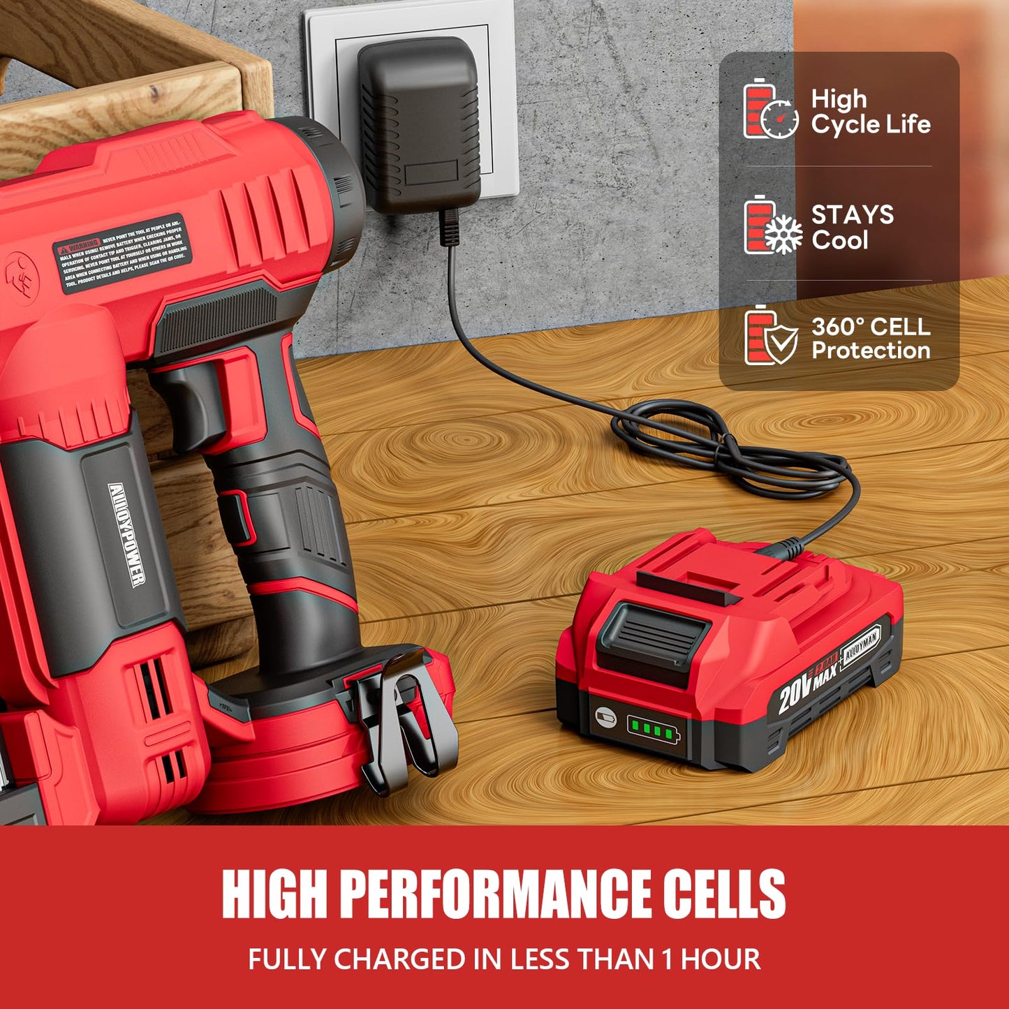ALLOYPOWER 2 in 1 Cordless Brad Nailer/Electric Stapler with 2.0Ah Battery and Charger,1000pcs Nails and 500pcs Staples Included for Home Improvement & Woodworking