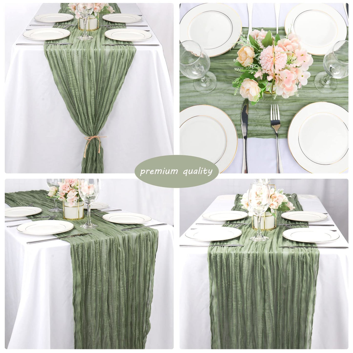 12 Pack 10Ft Cheesecloth Boho Gauze Long Romantic Table Runner for Wedding Bridal Shower Birthday Party Decor (Dusty Sage Green)