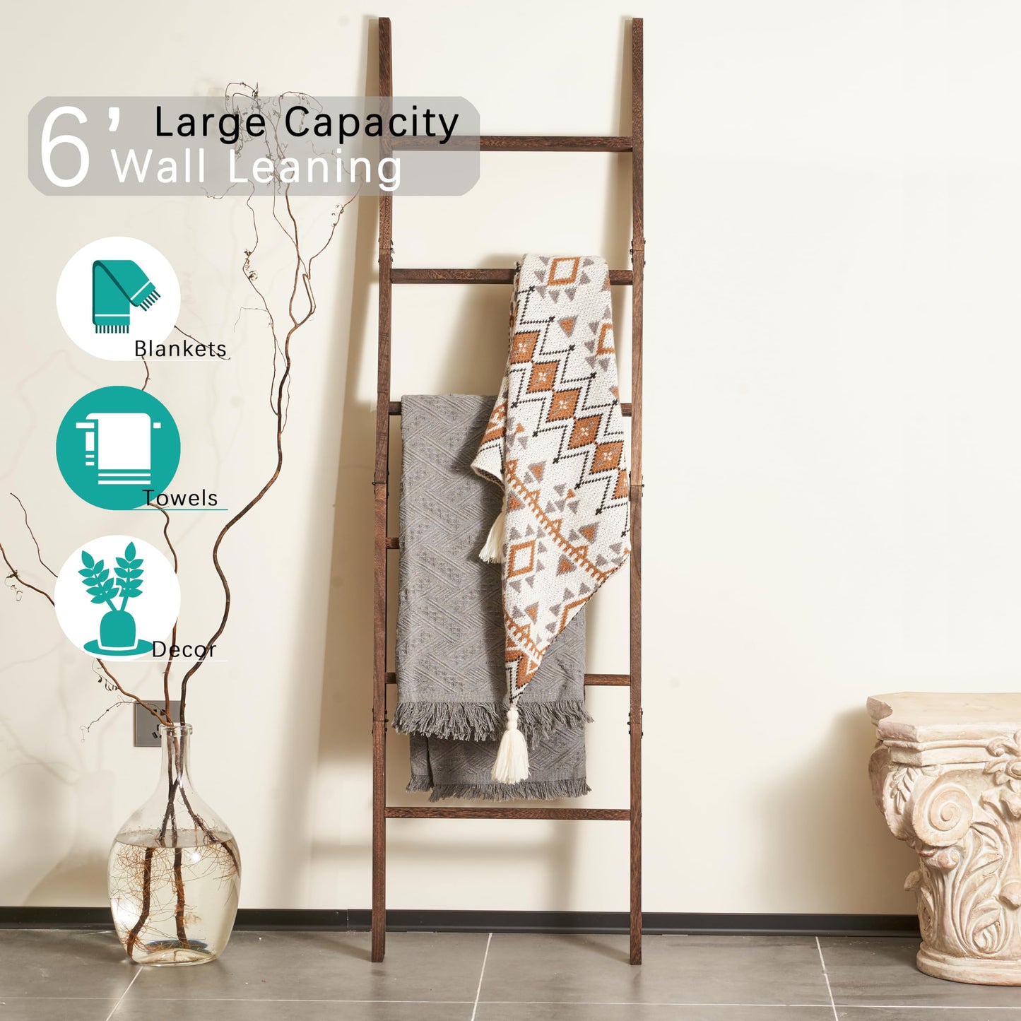 Blanket Ladder for the Living Room 6-Tier, Wooden Decorative Quilt Holder for Bed room, Wall-Leaning Towel Rack for Bathroom,Rustic Farmhouse Ladders for Display. (Dark Brown)