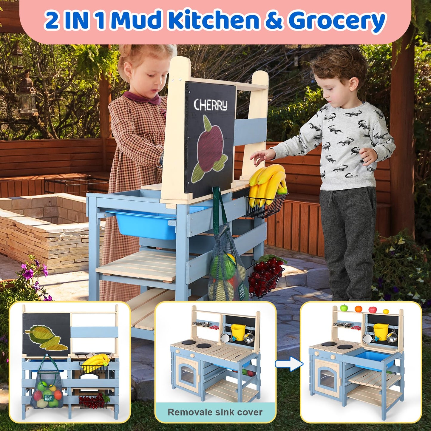 2 in 1 Wooden Mud Kitchen, Outdoor Play Kitchen with Removable Sink,Water Box & Faucet,Stove Top, Storage Bags& Metal Basket,Kitchen & Grocery Store Backyard Outdoor Pretend Kitchen for Kids