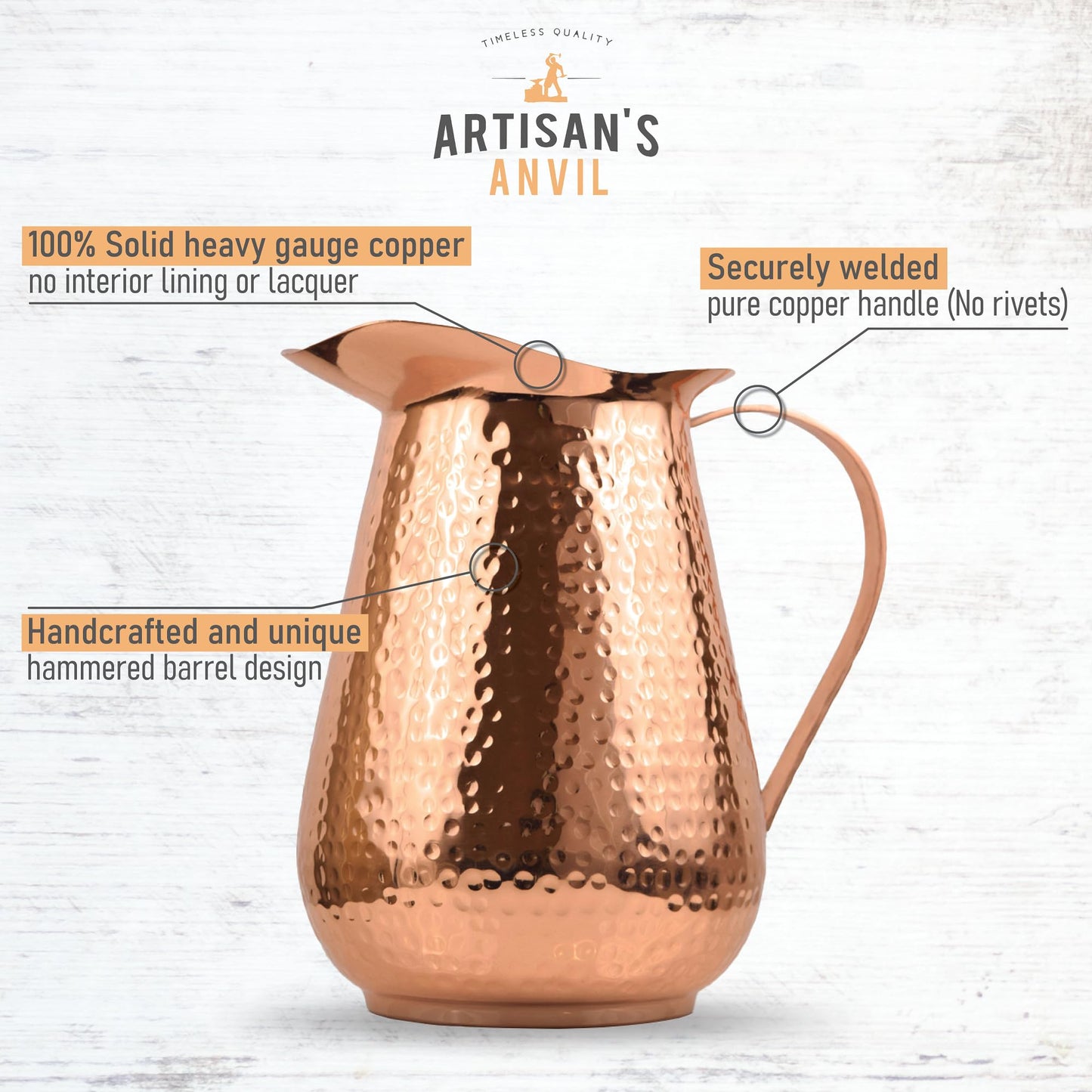 Artisan's Anvil Hammered Copper Pitcher w/Handle, 100% Copper, Heavy Duty, Handmade, 70 fl. Oz., Best for Water, Ayurveda, Moscow Mules, Cocktails