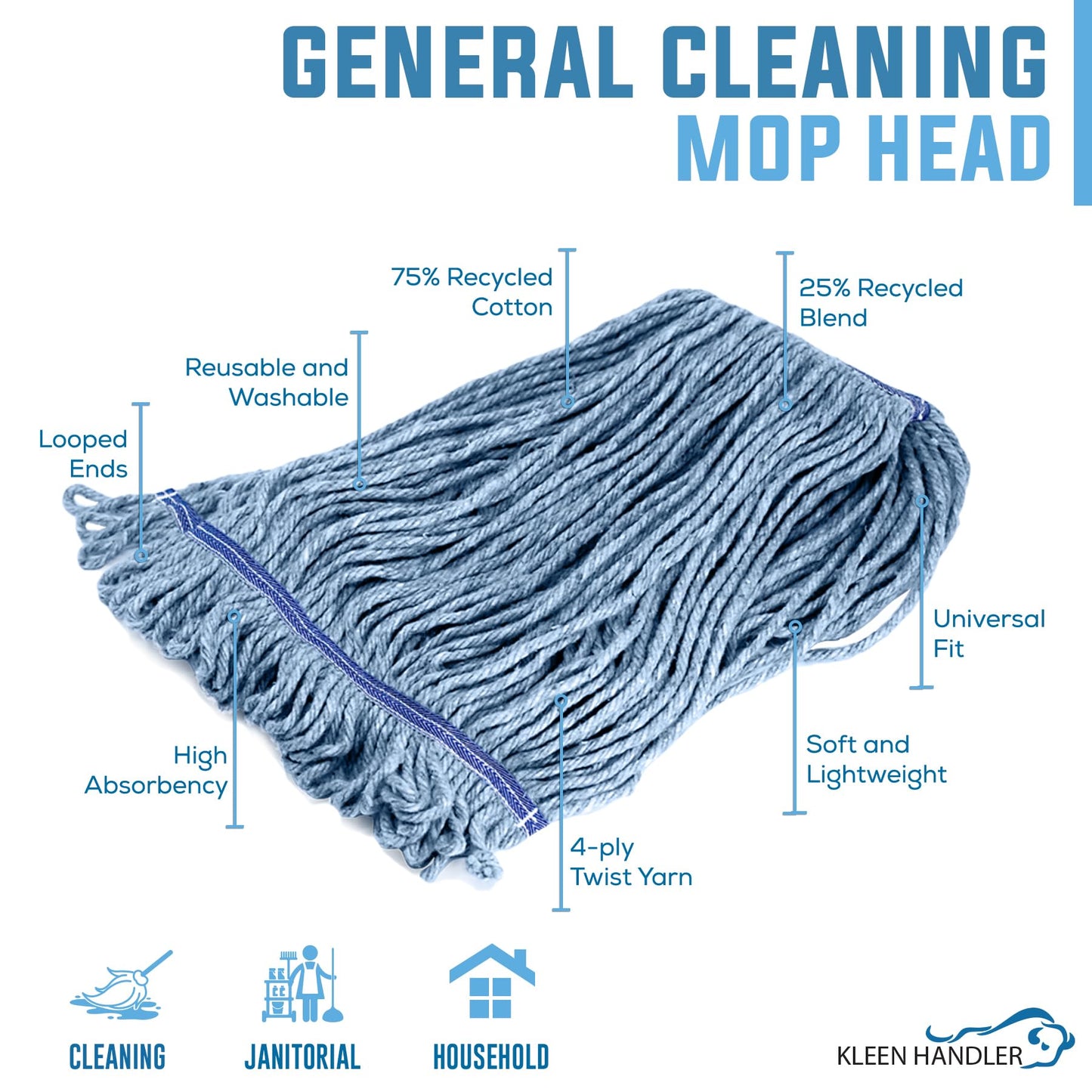 KLEEN HANDLER HEAVY DUTY Commercial Mop Head Replacement, Wet Industrial Blue Cotton Looped End String Cleaning Mop Head Refill (Pack of 6)