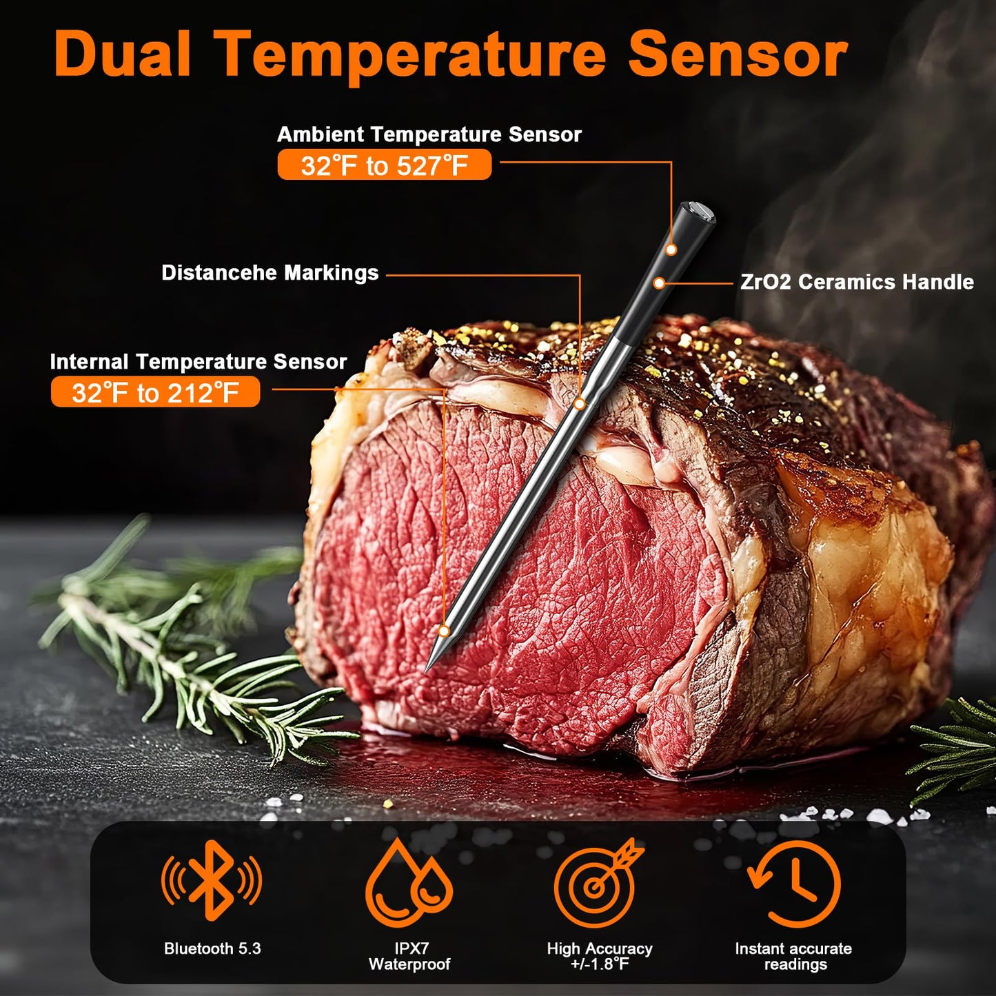 700FT Wireless Meat Thermometer with LCD Screen, Digital Cooking Food Thermometer for Beef Lamb Turkey, Dual Sensor Measures Internal & Ambient Temp