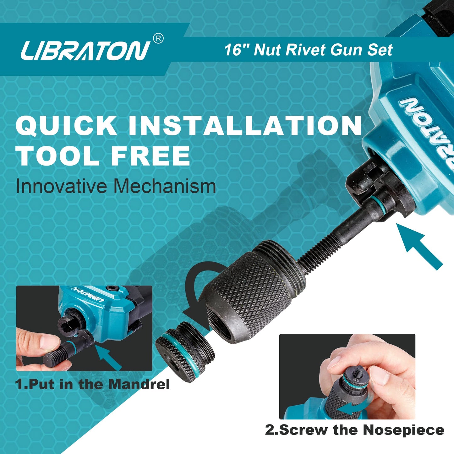 LIBRATON 16" Rivet Nut Tool, Rivet Nut Gun, Hand Rivet Nut Setter with 110PCS Rivet Nuts, 11PCS Metric & SAE Interchangeable Mandrels and Carrying Case, Easy Replace