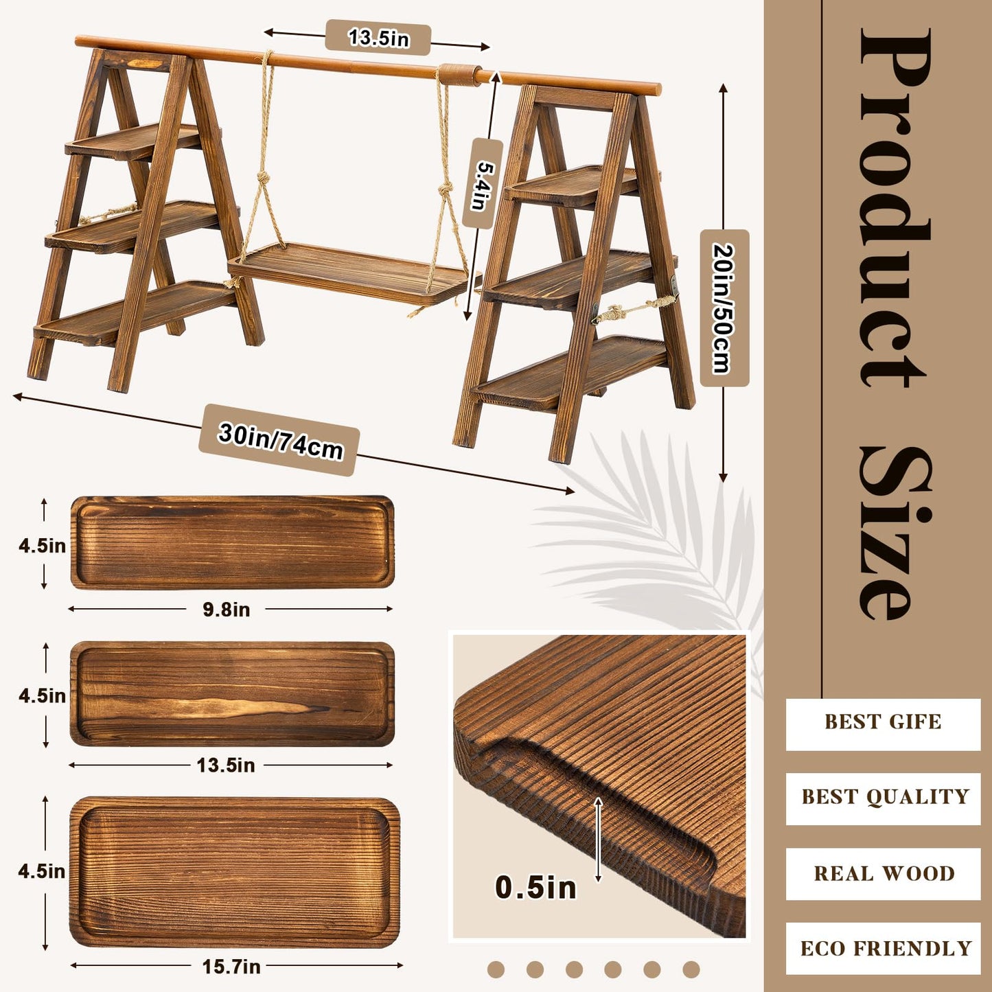 Beeveer Wooden Double 3 Tier Serving Tray Ladder Stand with Serving Platter Tray Party Food Display Set for Cake Snack Fruit Chips Bread Centerpieces(20 x 30 Inches,Dark Walnut)