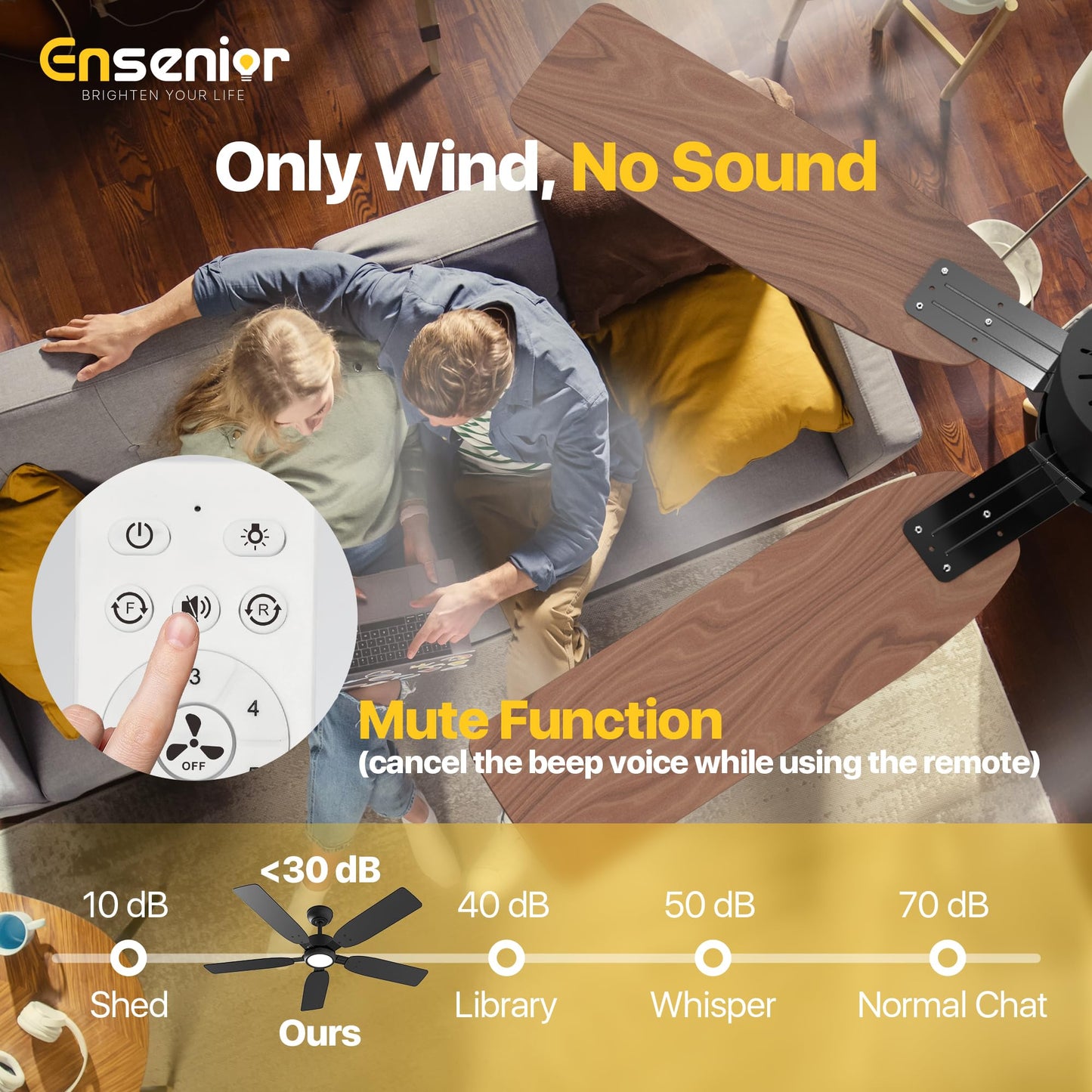 Ensenior 52 inch ceiling fan with light and remote, Noiseless Reversible DC Motor Fandelier Ceiling Fan, 6 Speeds, 3CCT, Black Modern Ceiling Fan for Bedroom and Living Room, 5 Dual-Finish Blades