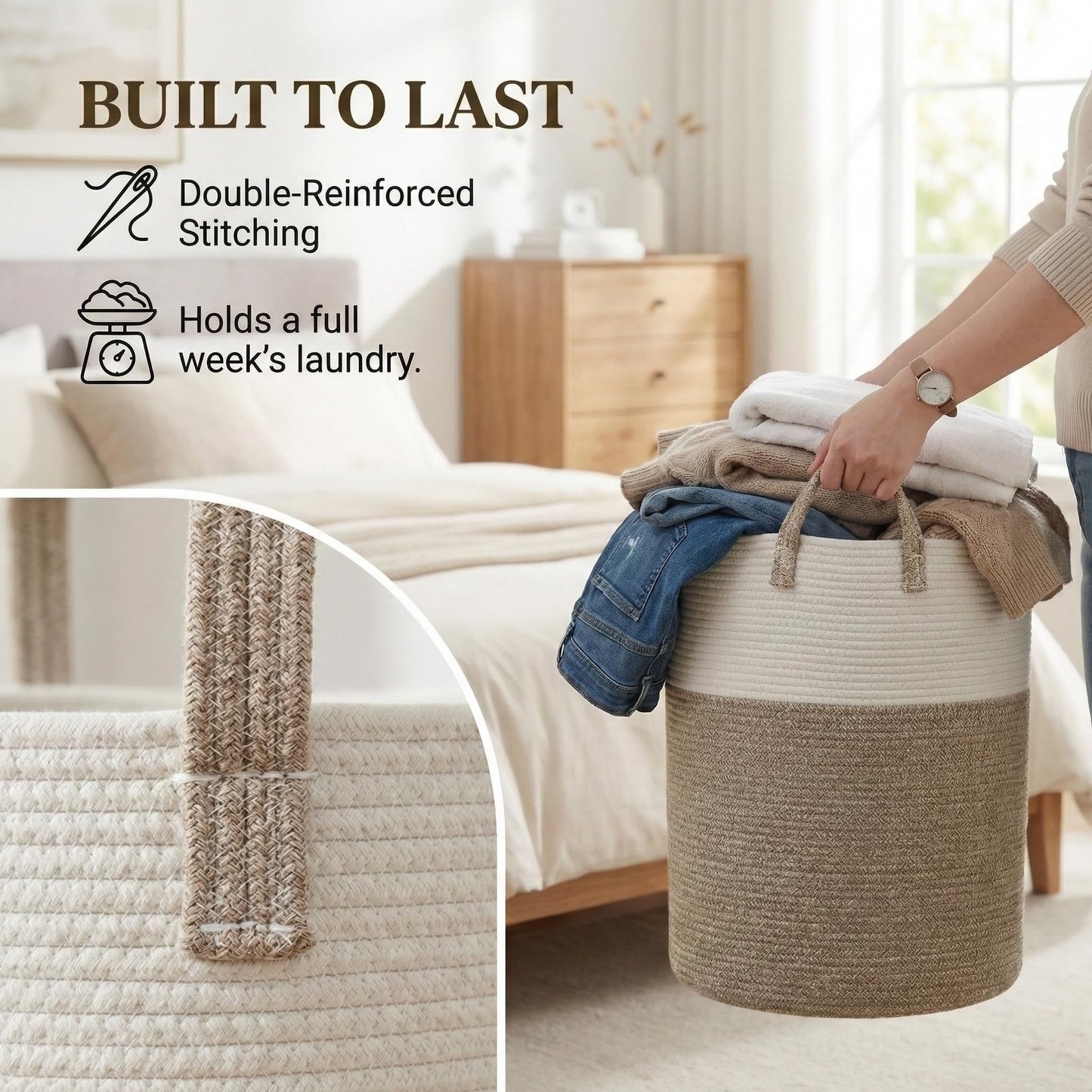 JMvicyroam Large Woven Laundry Basket Hamper,100L Cotton Rope Storage Bin for Blankets,Toys and Clothes,Decorative Tall Nursery Hamper for Living Room,Baby Nursery,Bathroom and Bedroom,Brown