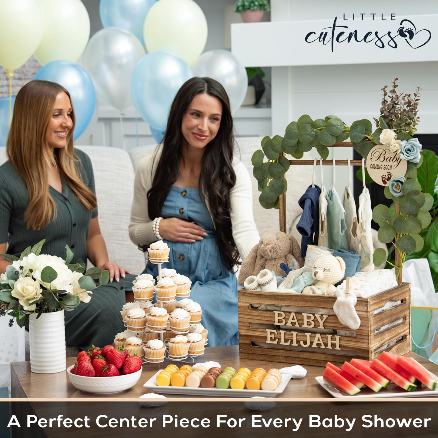 Wooden Baby Shower Crate Closet - Customizable Wooden Crate Box with Dual Rod System, Personalized Baby Shower Basket Alphabet Letters, Easy Assembly Baby Baskets for Baby Shower (Rustic Burnt Wood)