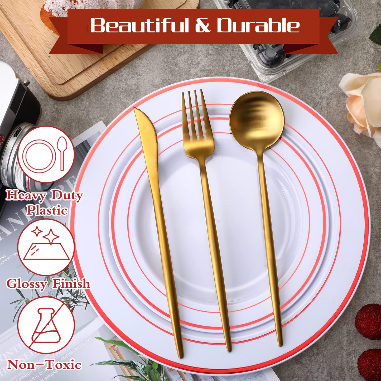 100 Pieces Party Plates Disposable Dinnerware Set 50 Guests Disposable Plastic Dinnerware for Party Dinner and Salad Plates, Plastic Plate with Elegant Rim for Wedding Graduation Party(Red Rim)