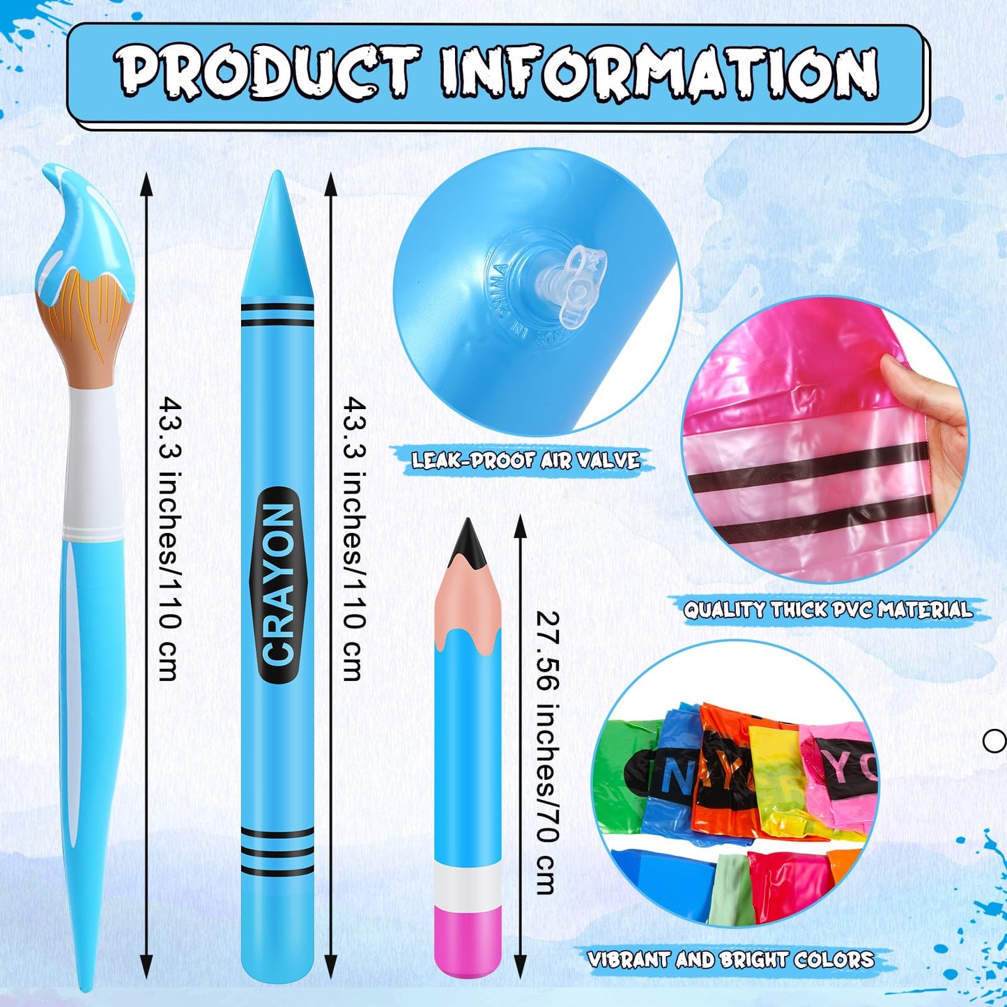 Glimin 12 Pcs Inflatable Crayons Balloons Decoration Set Giant Large Crayons Pencils Paint Brush Hanging Inflatable Decor for Garden Room Birthday Back to School Party Decorations,12 Designs