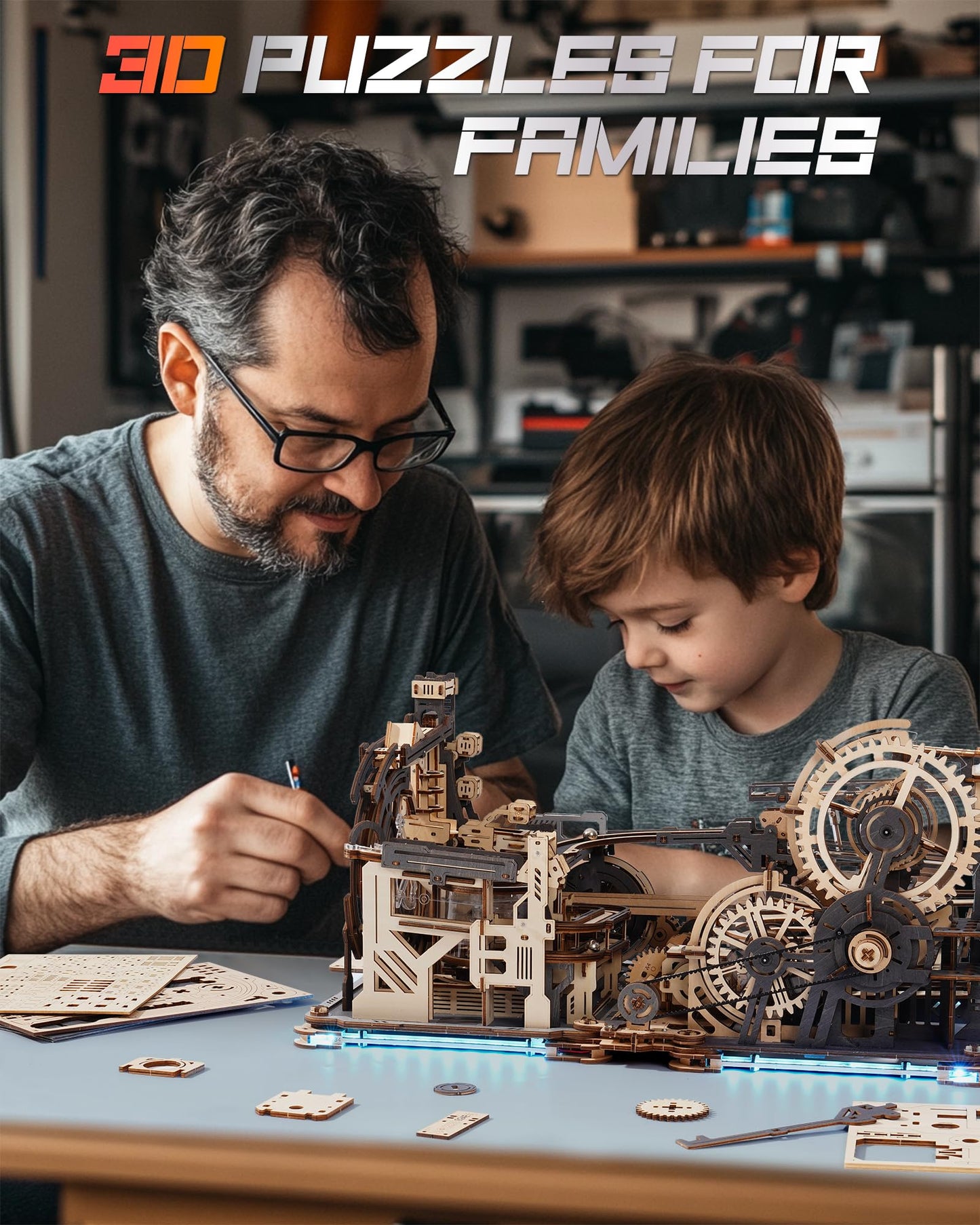3D Puzzles for Adults - Marble Runs Building Set, Wooden Model Kits, Marble Spaceport+Marble Night City+Link Pack