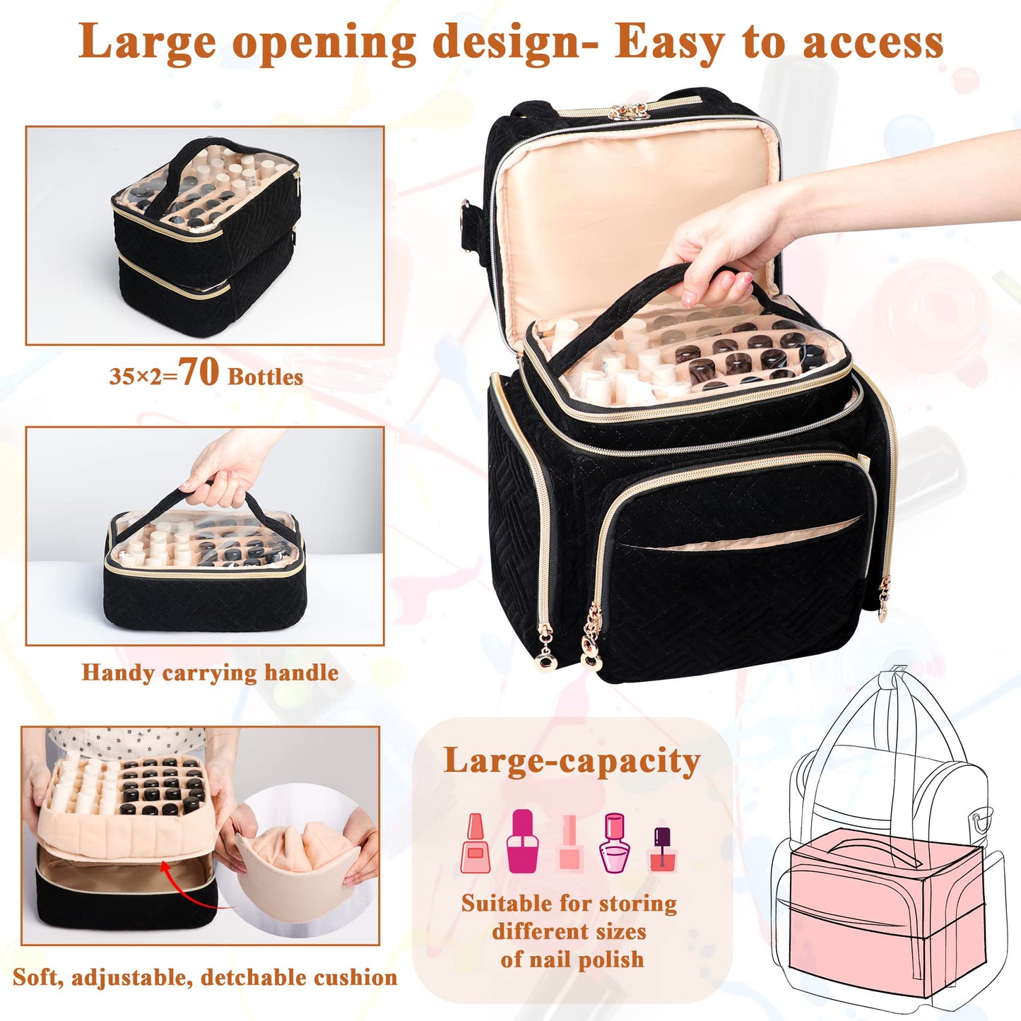 ahzske Nail Polish Organizer Bag Holds 70 Bottles& Nail Lamp, Velvet Nail Kit Storage Carrying Case with 2 Removable Pouches, Portable Nail Supplies Shoulder Bag for Manicure Tools (Elegant Black)