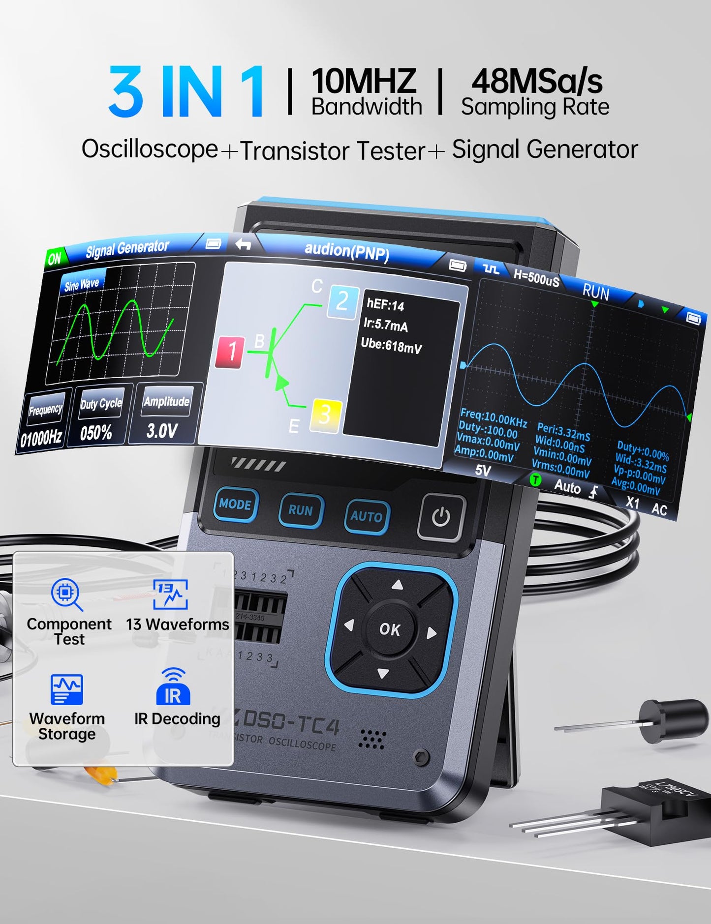 FNIRSI DSO-TC4 Handheld Oscilloscope, 10MHz Bandwidth 48MSa/s Sampling Rate Transistor Tester Digital Oscilloscope DDS Signal Generator 3 in 1, Voltage Continuity Zener Diode Triode Component Tester