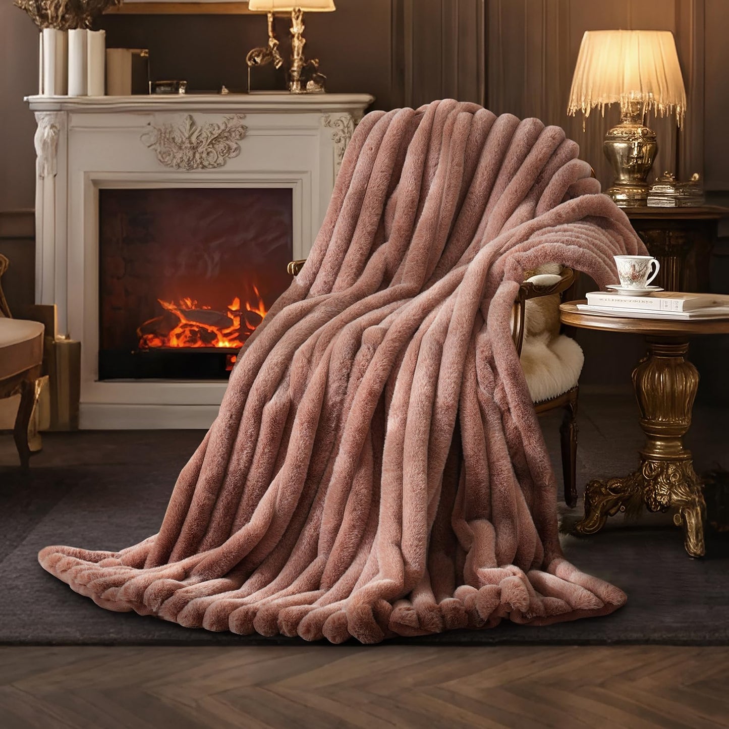 Amelie Home Faux Fur Throw Blanket for Couch, Ultra Cozy Fuzzy Fluffy Fur Luxurious Soft Striped Plush Gift Blankets for Family Sofa Chair Bedroom, 55"x70", Ionic Fox Brown
