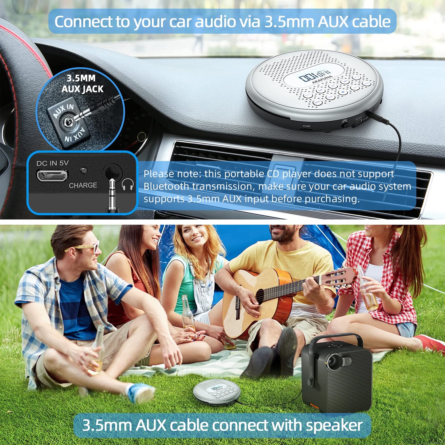 ARAFUNA CD Player Portable, Rechargeable Portable CD Players for Car with Speakers, Anti-Skip Walkman CD Player with Backlit Button, LCD Display and AUX Cable