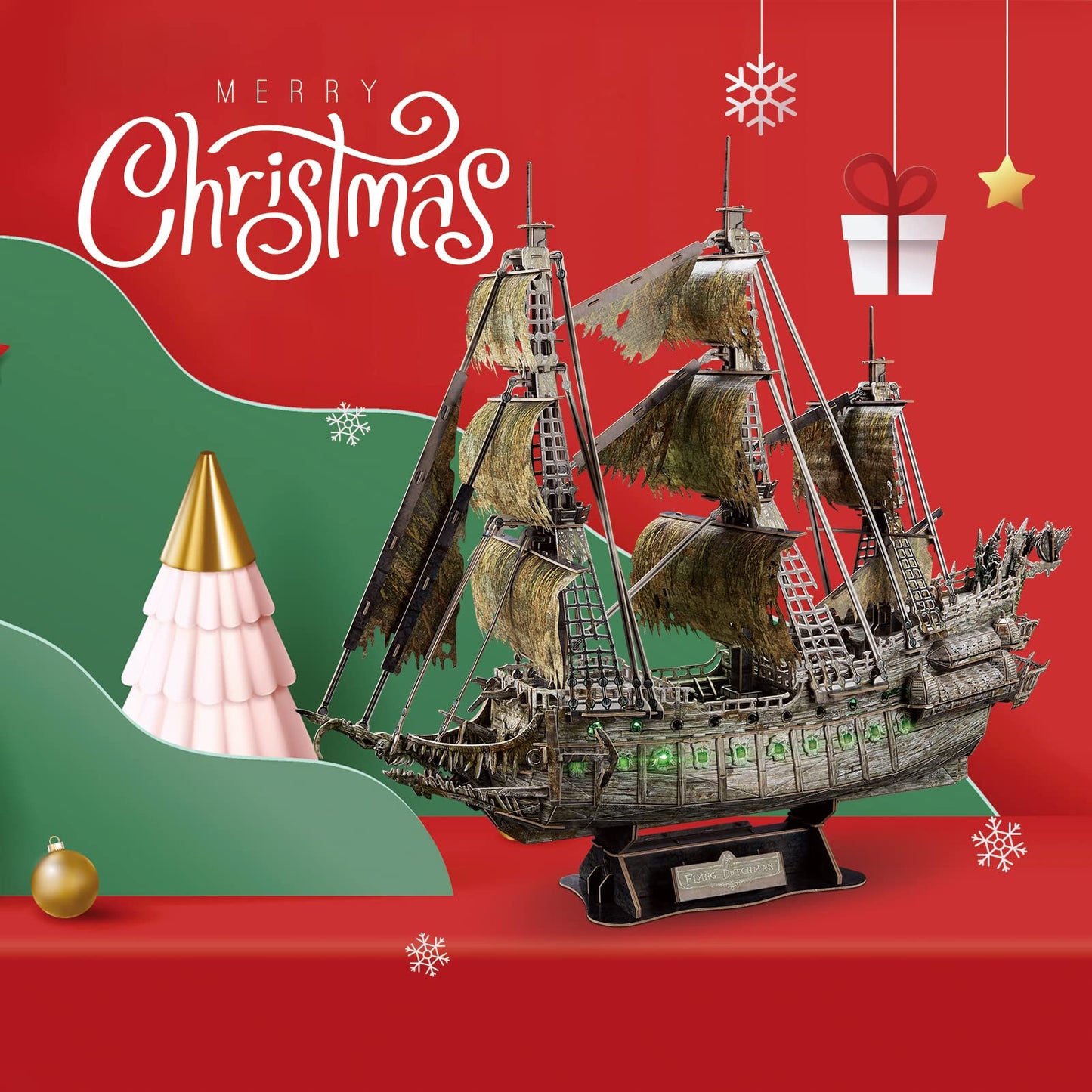 CubicFun 3D Puzzles for Adults Crafts for Adults Gifts for Men Women Green LED Flying Dutchman 360 Pieces Pirate Ship Family Games Birthday Gifts for Men, Lighting Ghost Ship Room Decor Model Kits