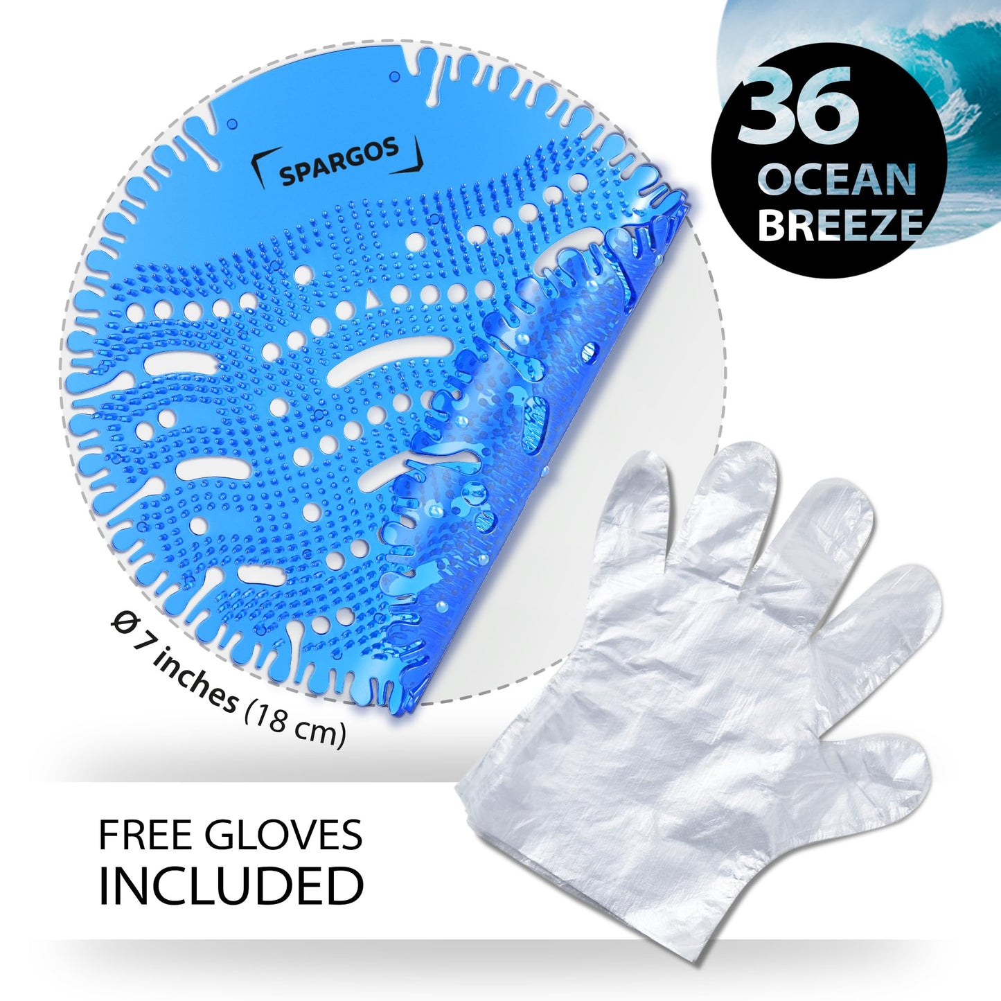 Urinal Screen Deodorizer (36 Pack) - Urinal Cakes Pads - Fresh 3d Wave Anti-Splash - Odor Protection for Toilets in Bathroom Restaurant Office Stadium School with Free Gloves - 36pcs Blue Ocean Breeze