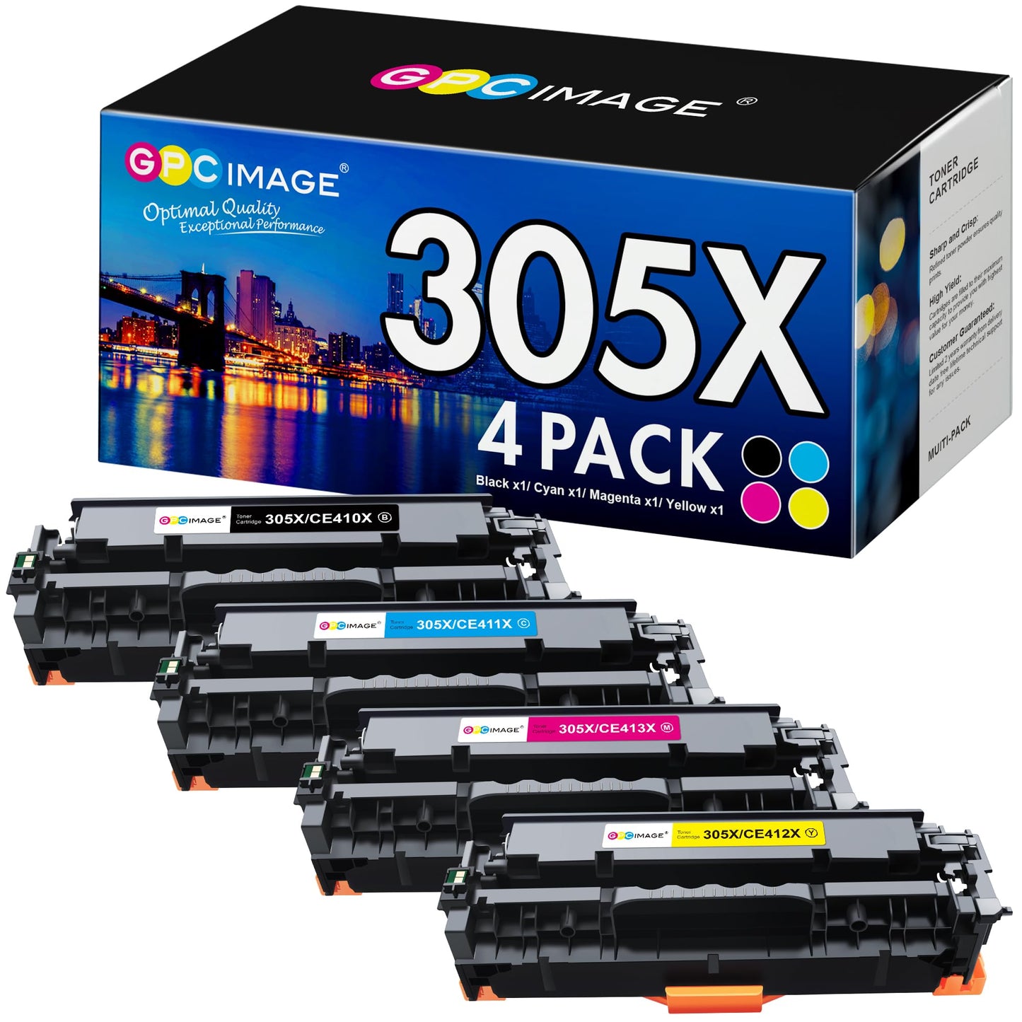 GPC Image Remanufactured Toner Cartridge Replacement for HP 305X 305A CE410X Compatible with Laserjet Pro 400 Color M451dw M451dn M451nw MFP M475dw M475dn M375nw Printer(Black, Cyan, Magenta, Yellow)