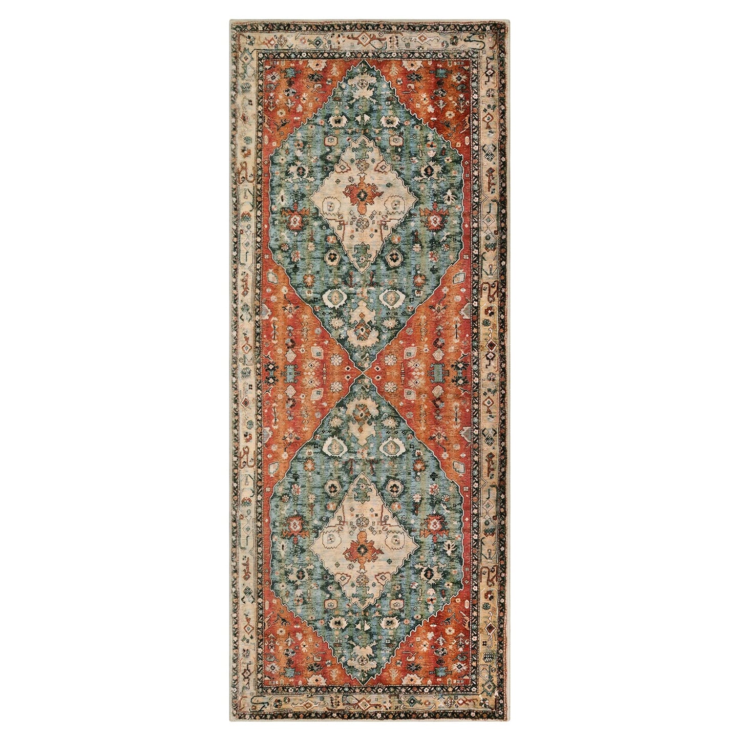 Lahome Boho Tribal 2x5 Kitchen Runner Rugs Non Skid Washable, Soft Runners for Hallways, Oriental Long Bathroom Floor Throw Carpet Runner for Entryway Laundry Room Bedroom (Rust/Dull Teal,2x5ft)