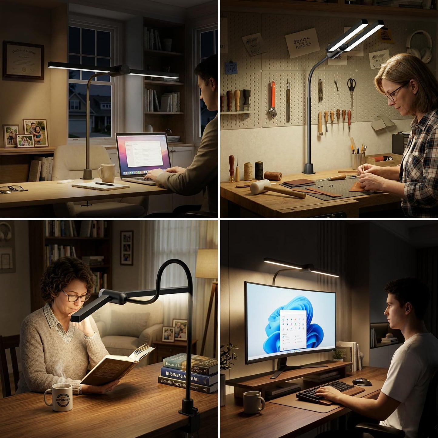 Honeywell Led Desk Lamp with Clamp - HJ4 Sunturalux™, Flexible Dual‑Head Clip‑On Gooseneck Desk Lamps for Home Office, 4 Color Temperature Modes, Stepless Dimming Eye Caring Computer Light, Black