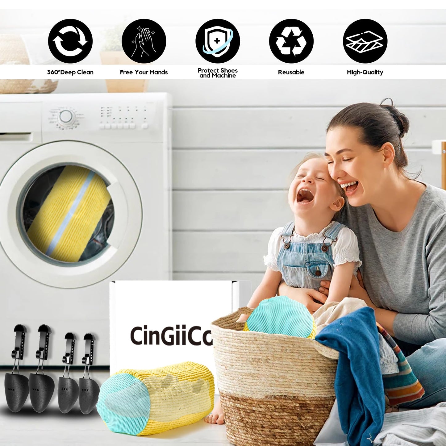 CinGiiCo Shoe Washing Machine Bag, 4 Pcs Laundry Shoe Bag For Washing Machine, With 4 Boot Stretcher (L 6-12.5 & S 5-10.5), 360°Deep Cleaning, Fit Most Shoes Types