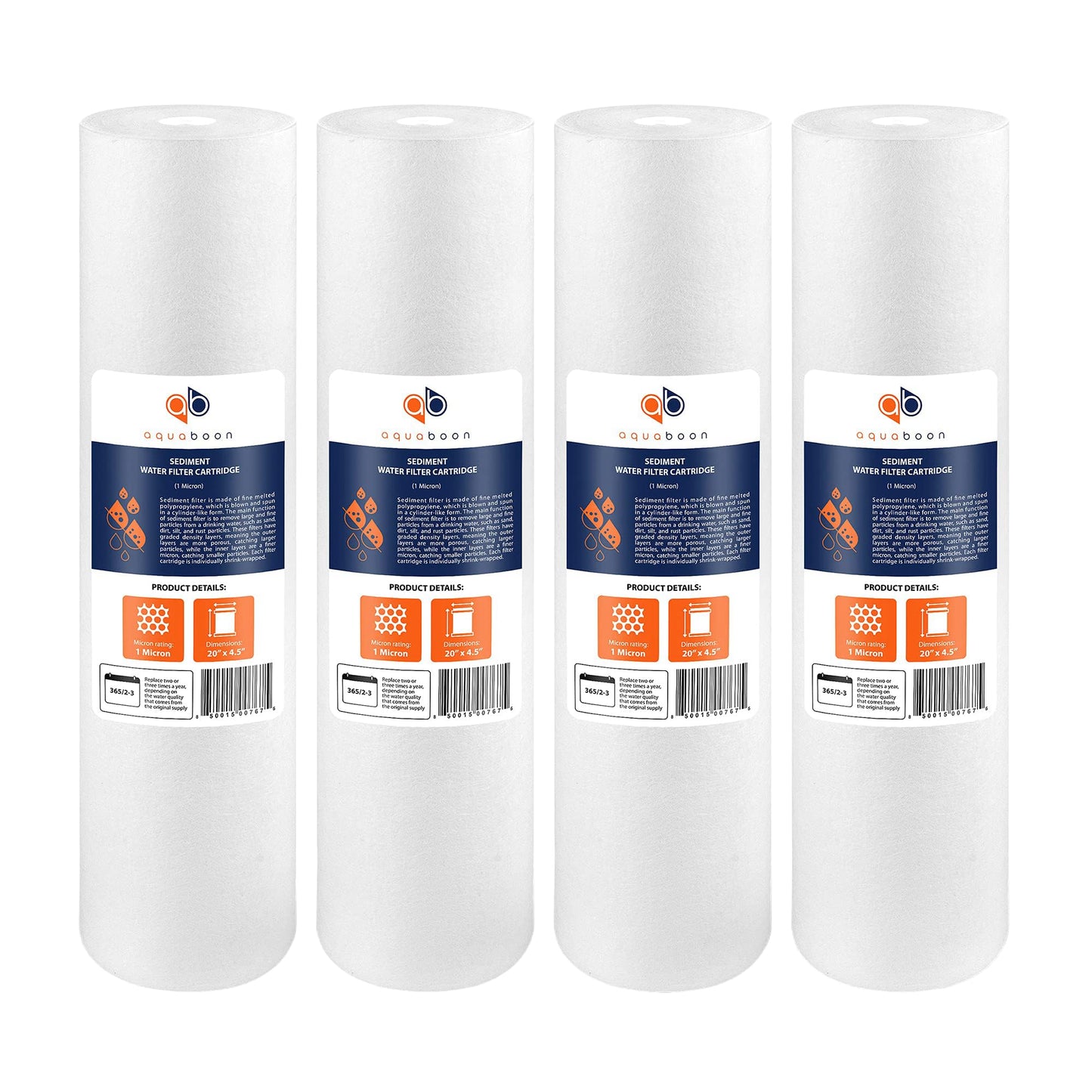 Aquaboon 1 Micron 20 x 4.5 Sediment Water Filter Replacement Cartridge | Whole House Sediment Filtration | Compatible with AP810-2, SDC-45-2005, FPMB5-20, P5-20, FP25B, 155358-43, 4 Pack