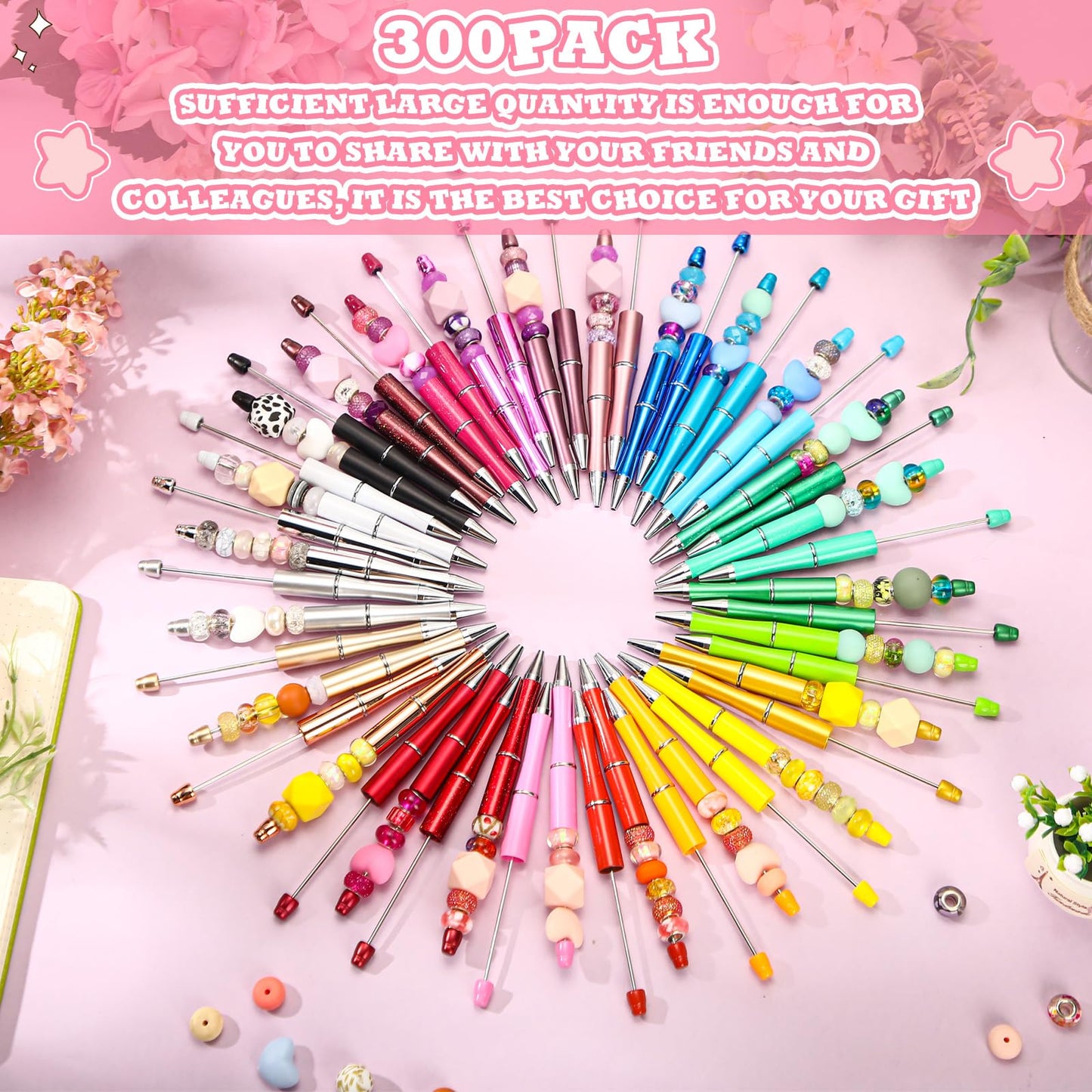 Kosiz 300 Pcs Beadable Pen Bulk Assorted Plastic Bead Pen DIY Black Ink Ballpoint Pen for DIY Making Kids Students Office School Gift Supplies