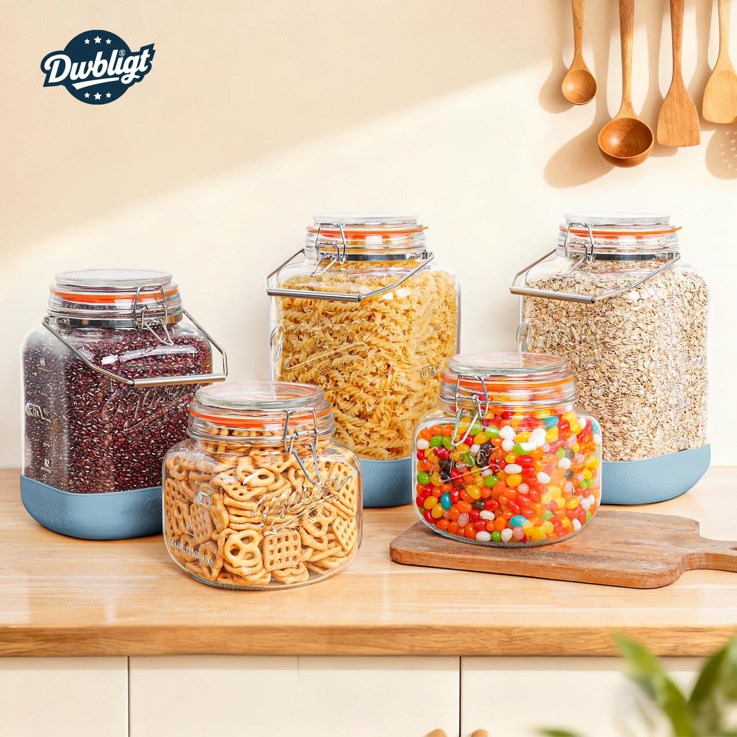 Dwbligt 2 Pack 1.5 Gallon Glass Jar With Airtight Lid, Square Large Mason Jars Wide Mouth with Scale Marks and Stainless Steel Handle-192 Oz Non-slip Glass Storage Containers for Flour Sugar Cookie