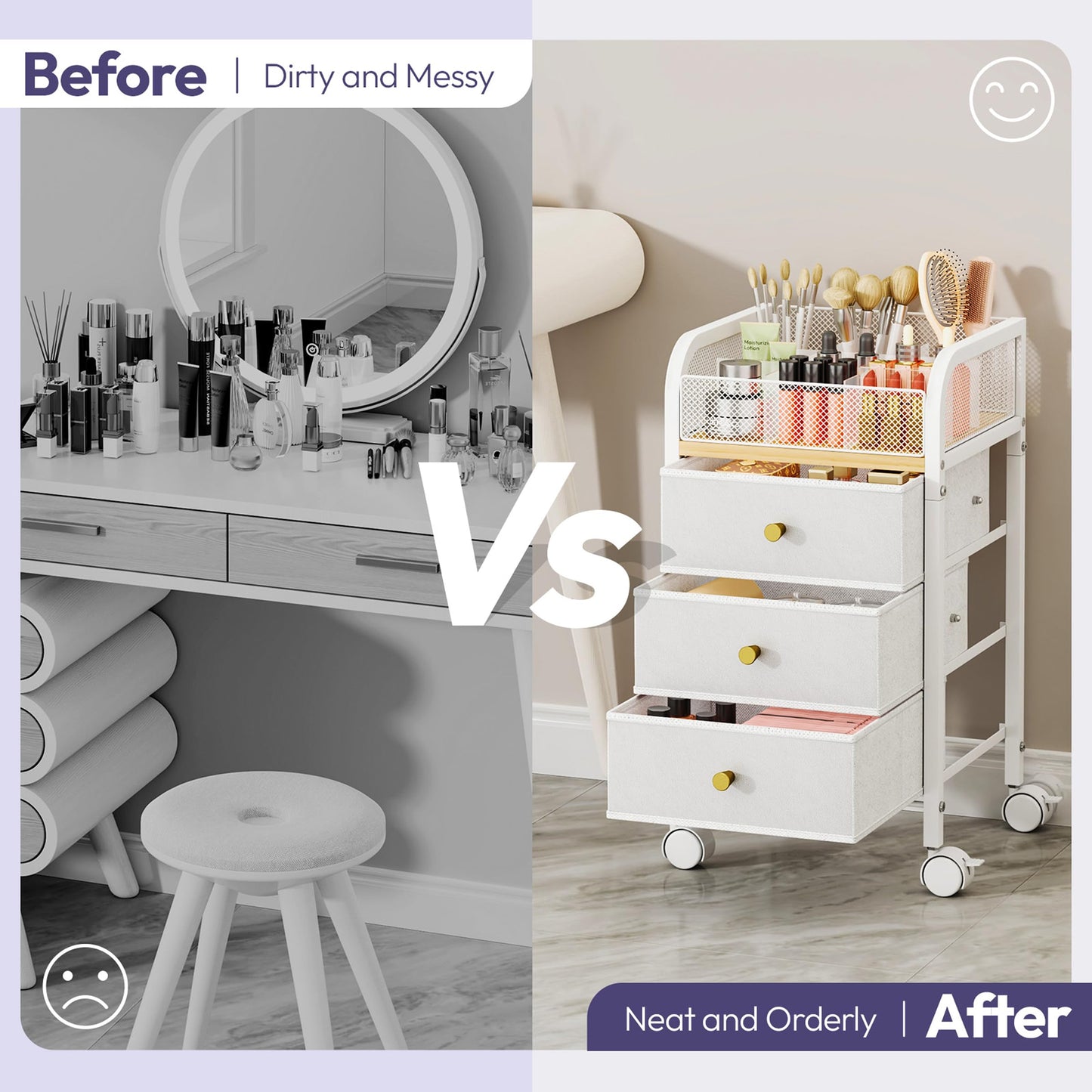 SWTYMIKI Rolling Makeup Organizer Cart - Under Desk Vanity Makeup Storage with 3 Non-woven Drawers, Nail Cart Organizer Cosmetic Display Cases Cabinet for Skin Care Perfume Nail Polish Brush Hair Tool