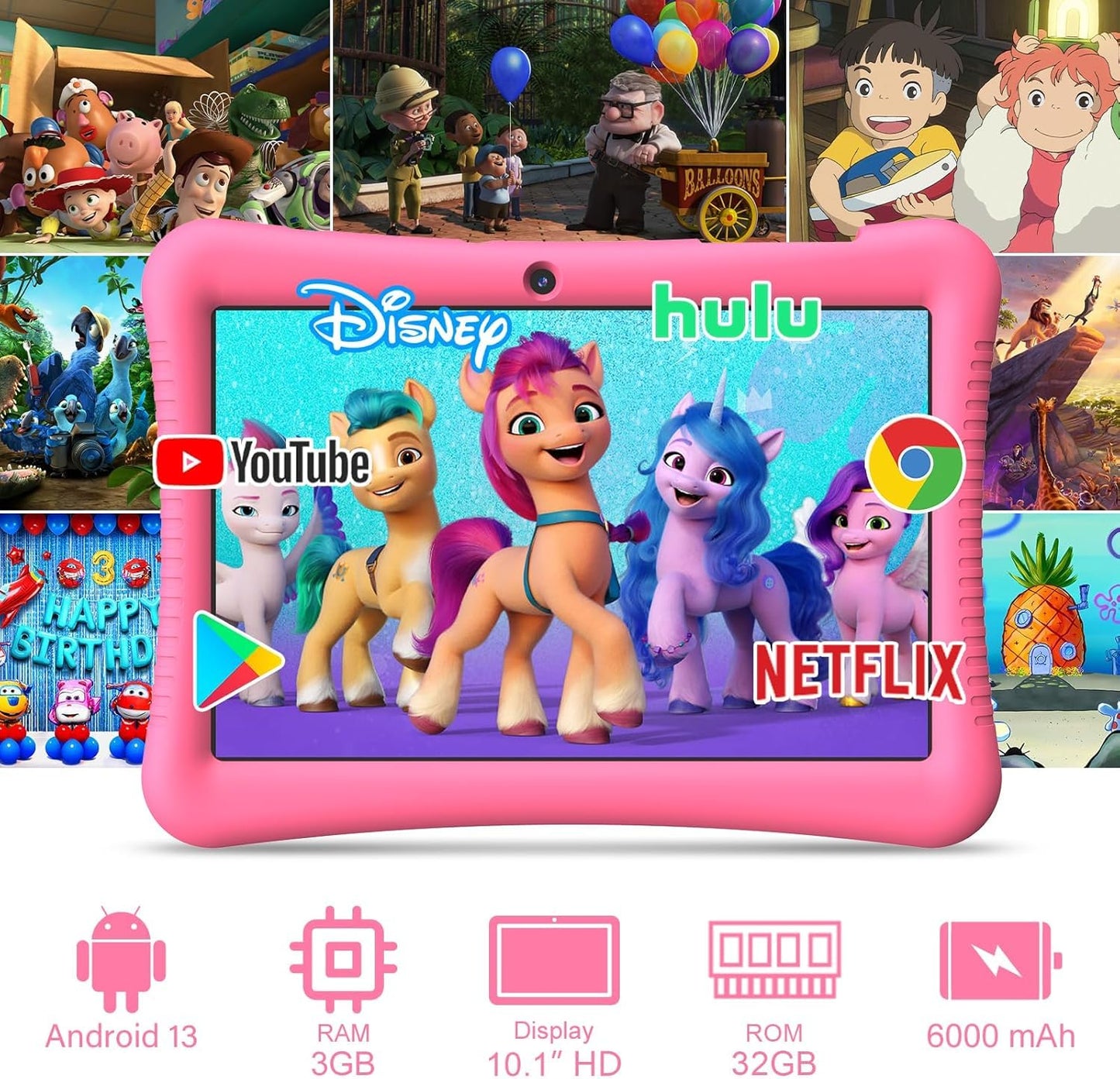 Fivahiva Kids Tablet,10.1 inch Android 13 Tablet for Kids, 32GB (Expandable to 128GB), Quad-core, Google Kids Space, Parental Control, YouTube Kids, GMS, Pre-Installed Apps, with Shockproof Case