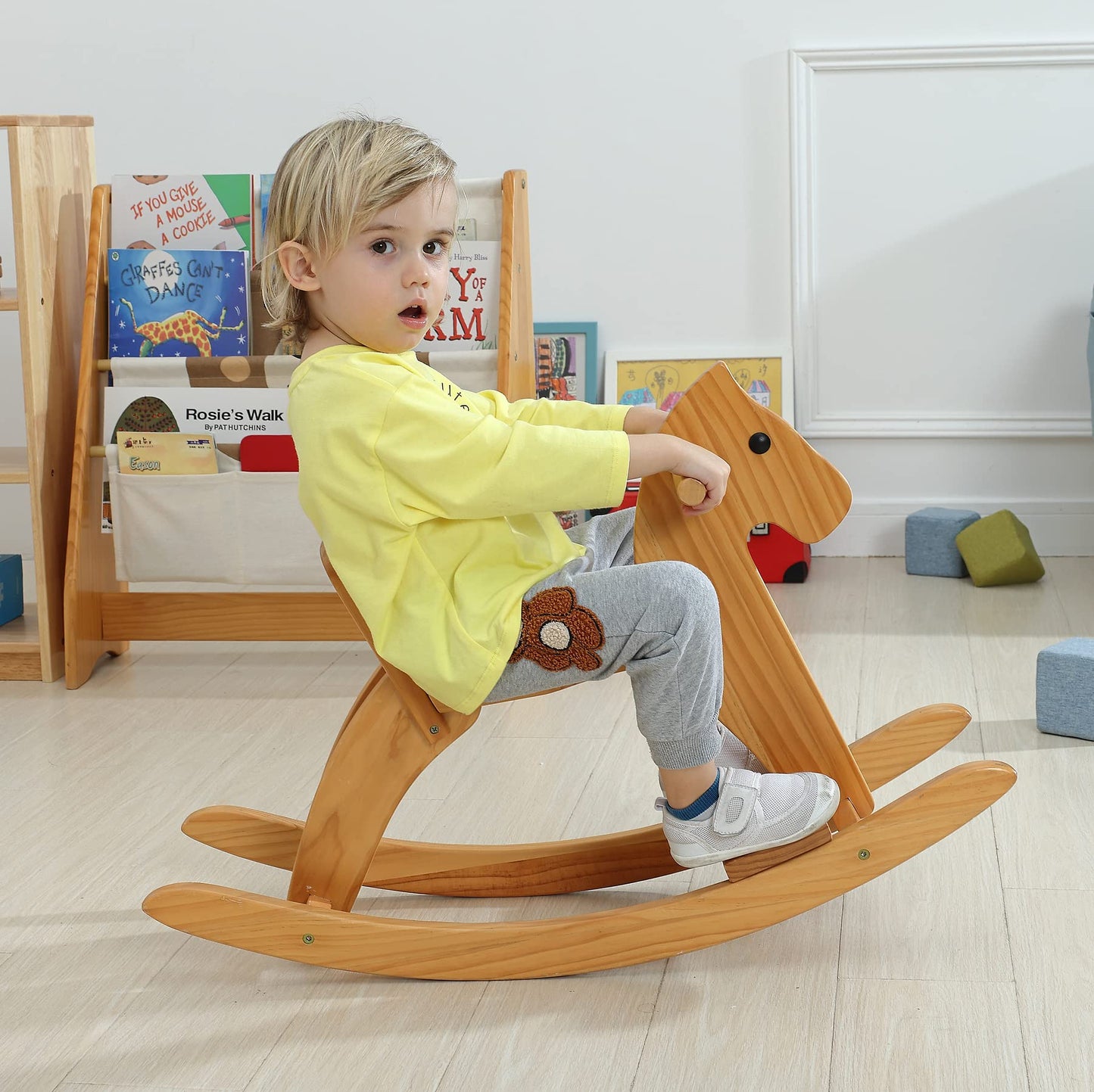 KRAND Rocking Horse Wooden Ride On Toy for Kids Classic Design Rocking Horse with Pedal and Safe Backrest Fine Workmanship(Classic, Natural)