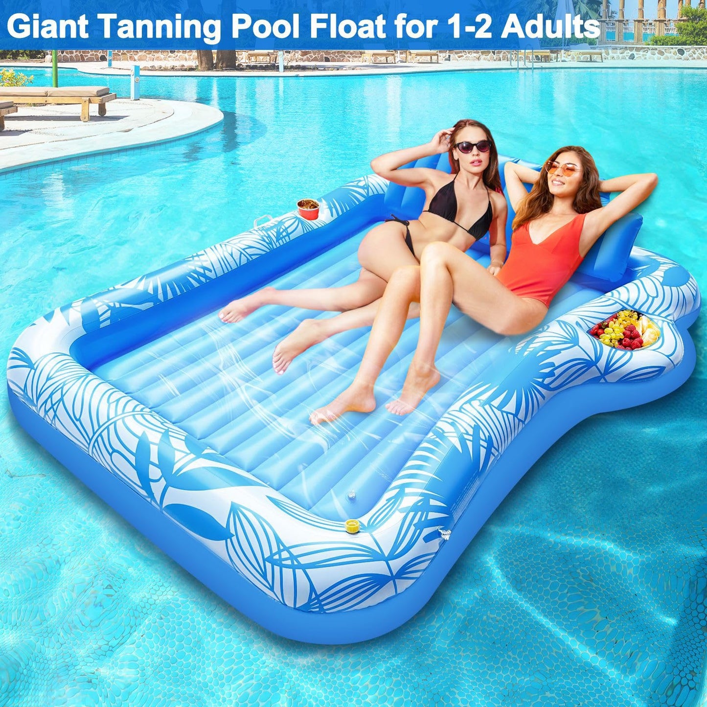 83" X 63" Extra Large Inflatable Tanning Pool Float Lounger with Sprinkler, Pool Float Adults with Pillow & Drink Holder, Blow up Water Tanning Bed Pool Raft Floatie for Adults Backyard, Pink/Blue