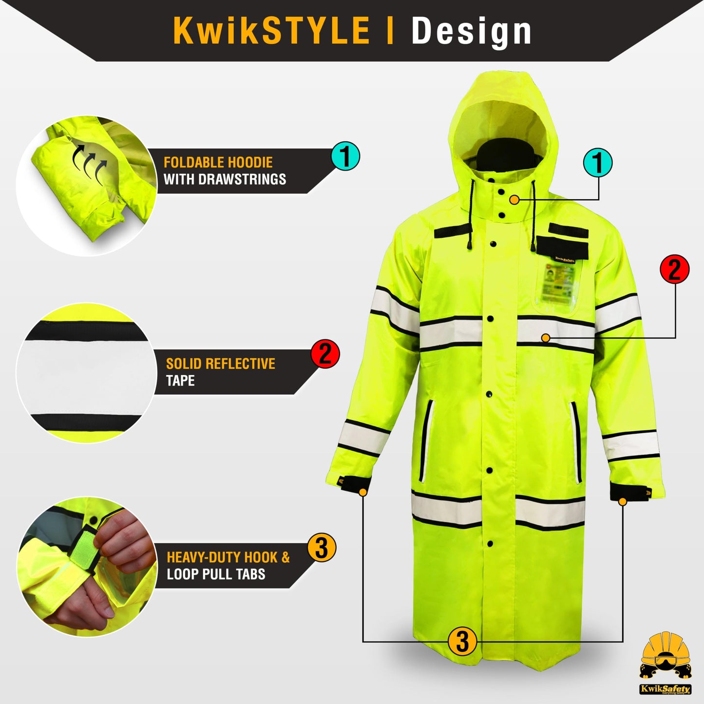 KwikSafety - Charlotte, NC - TORRENT TRENCH High Visibility Rain Gear - Class 3 ANSI OSHA Reflective Weather Proof HiVis Safety Jacket/Yellow Medium