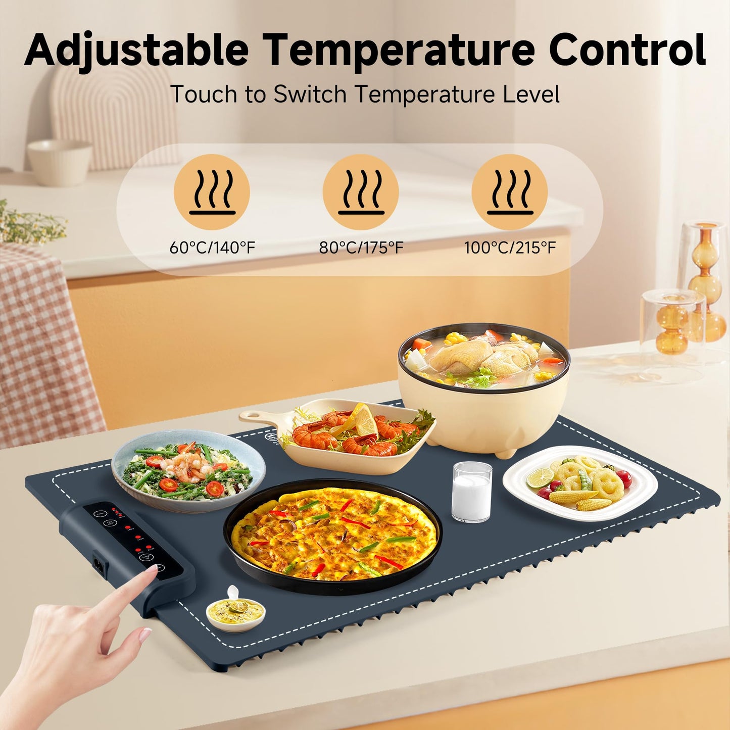 Food Warming Mat- Foldable Warming Mat for Food with Adjustable Temperature Control Time Moders Locking Function Electric Warming Tray for Parties,Home,Travel,Buffet Dark Blue