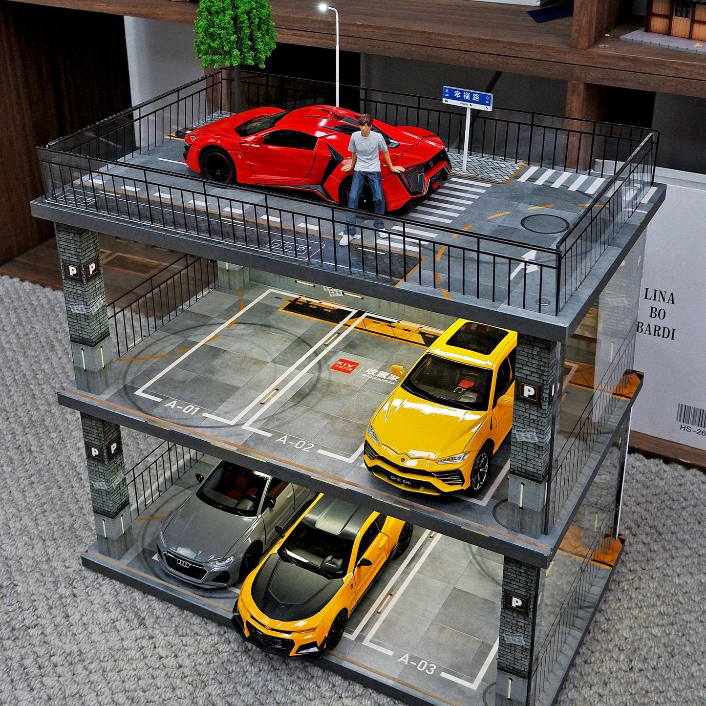 kivcmds 1:24 Scale Diecast Model Car Display Case Cabinet with USB Lights and Acrylic Cover,Diorama Garage for Sport Cars and Lego Speed Champions Car Collectibles