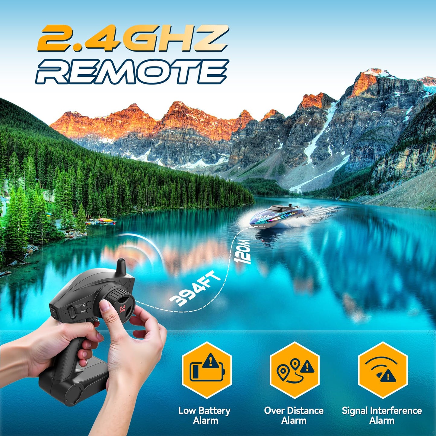 ARMEW RC Remote Control Boat with 7LED Light Modes for Adults Kids 8-12 Pool Lakes, Waterproof 25KMH Electric Fast Boat with Self-righting,Demo, Low Battery/Over Distance/Signal Interference Alarm