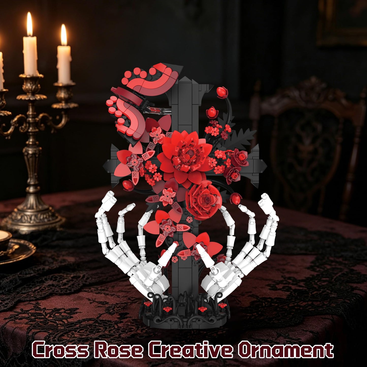 chanbrick Jesus Cross Building Set with Flower & Skull Hand for Adults, Gothic Crucifix Rose Skeleton Collectible Model for Women Home Art Decor