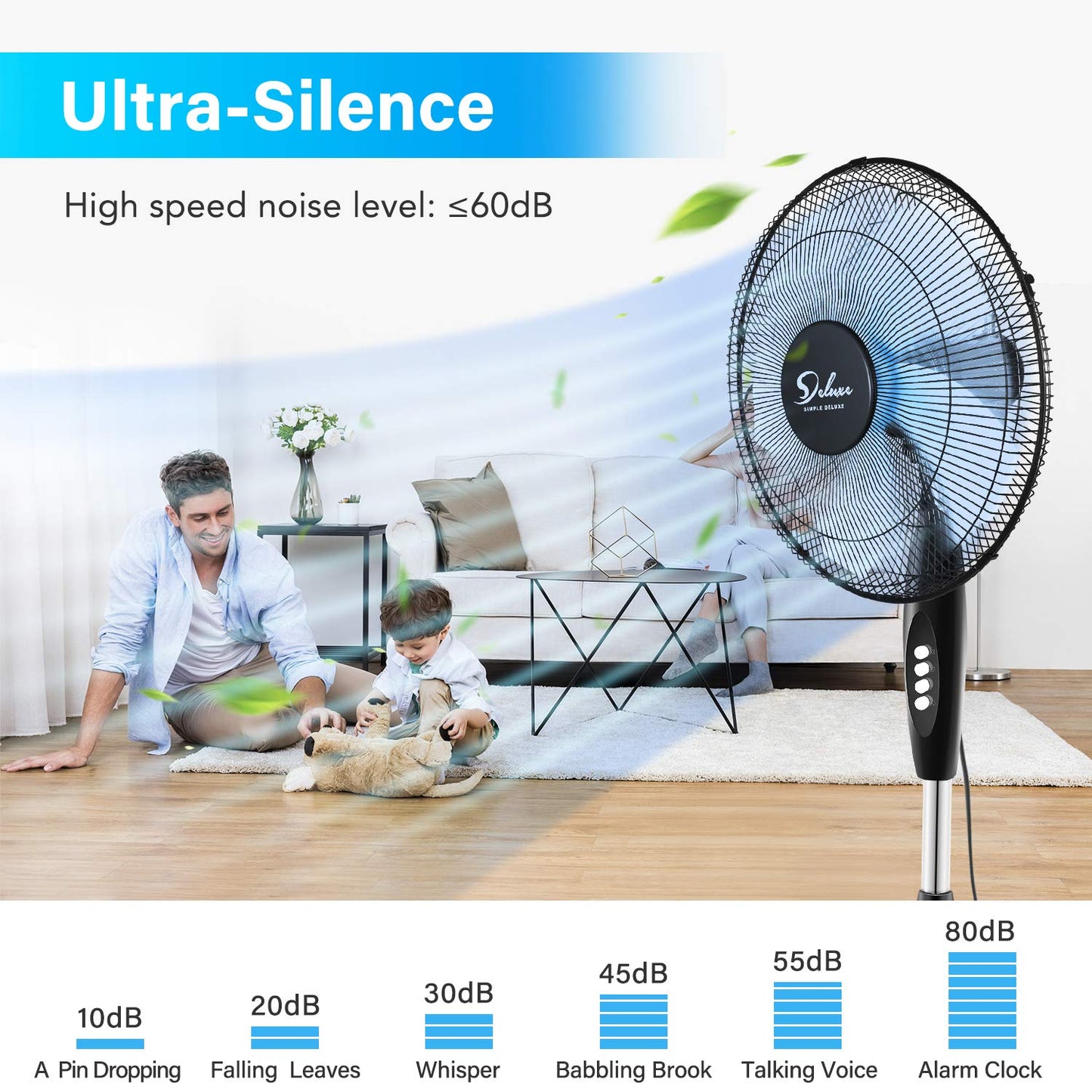 Simple Deluxe Oscillating 16'' 3 Adjustable Speed Pedestal Stand Fan for Indoor, Bedroom, Living Room, Home Office & College Dorm Use, 16 Inch, Black