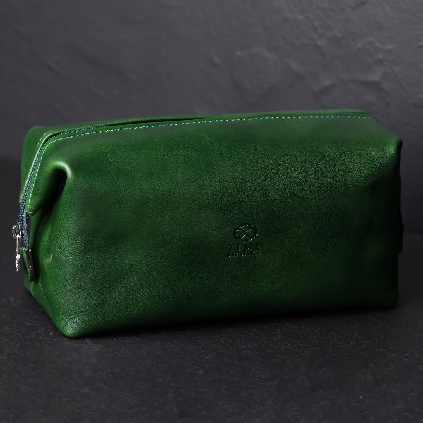 Time Resistance Leather Toiletry Bag - Italian Cosmetic Case Dopp Kit (Green)