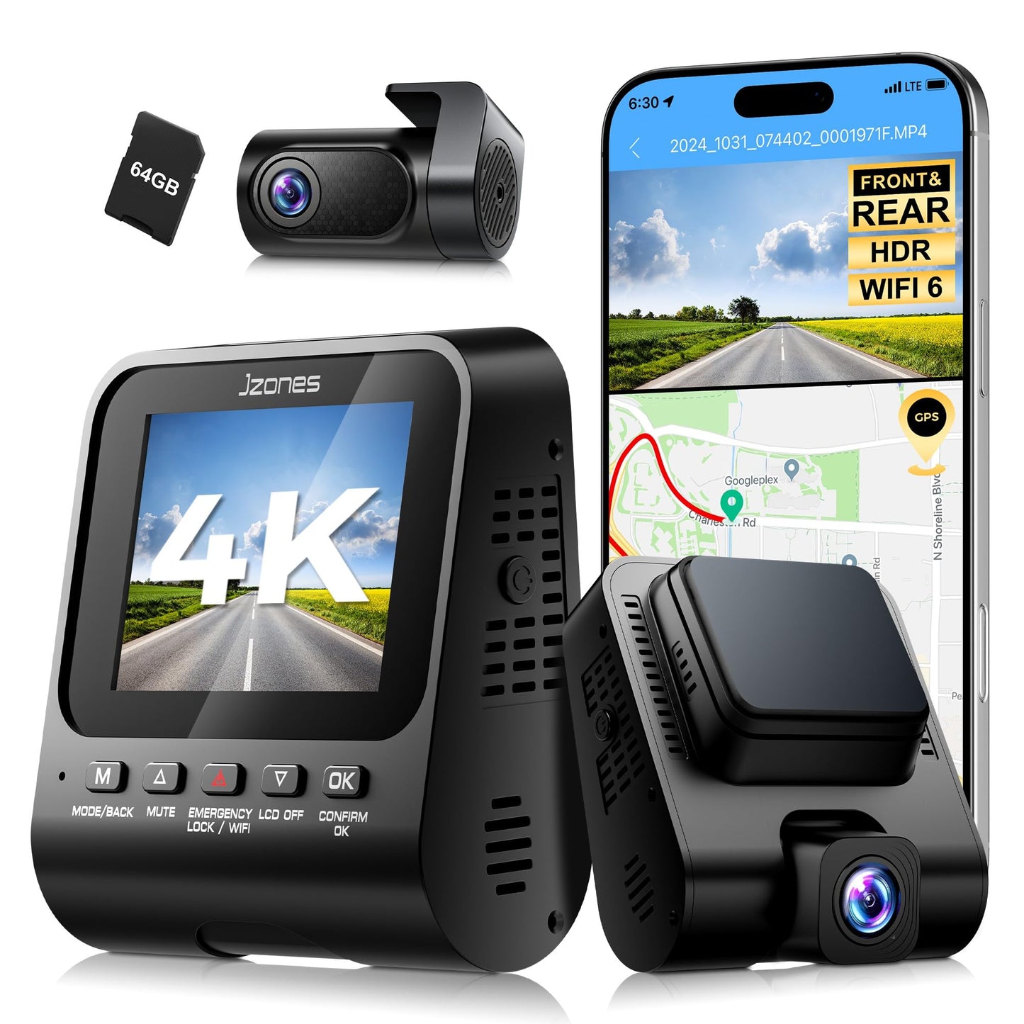 4K+1080P FHD Dash Cam Front and Rear, Dual Dash Camera for Cars with Night Vision, 2 Channel HDR Dash Camera, 24H Parking Mode Car Camera, Built-in GPS, WDR, 170°Wide Angle, WiFi 6, Free 64GB Card