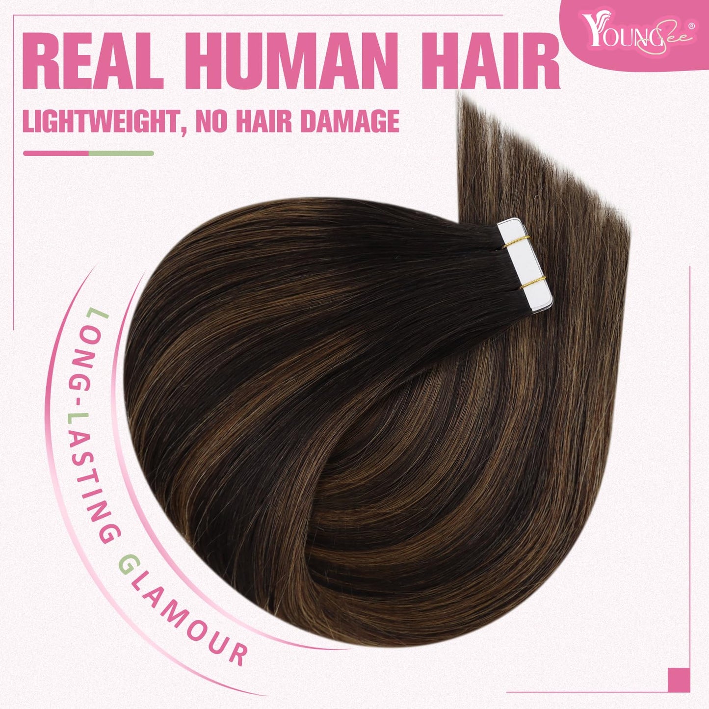 YoungSee Tape in Human Hair Extensions Brown Balayage Tape in Extensions Human Hair Dark Brown Balayage Invisible Tape in Hair Extensions Ombre Human Hair Tape in Extensions 20 Inches 20pcs 50g
