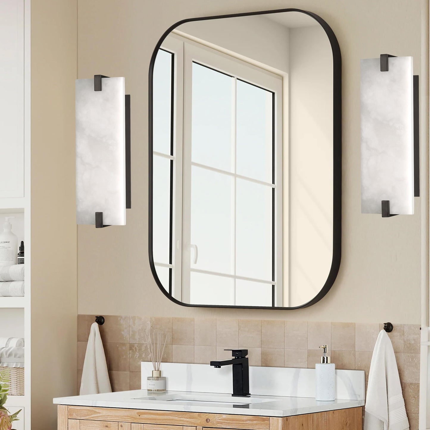 2 Pack 2 Light 15.63" Natural Square Alabaster Marble Bathroom Wall Sconce Modern Concise Style Wall Light Fixture,Black Finish for Bedroom Hallway Bedside Living Room