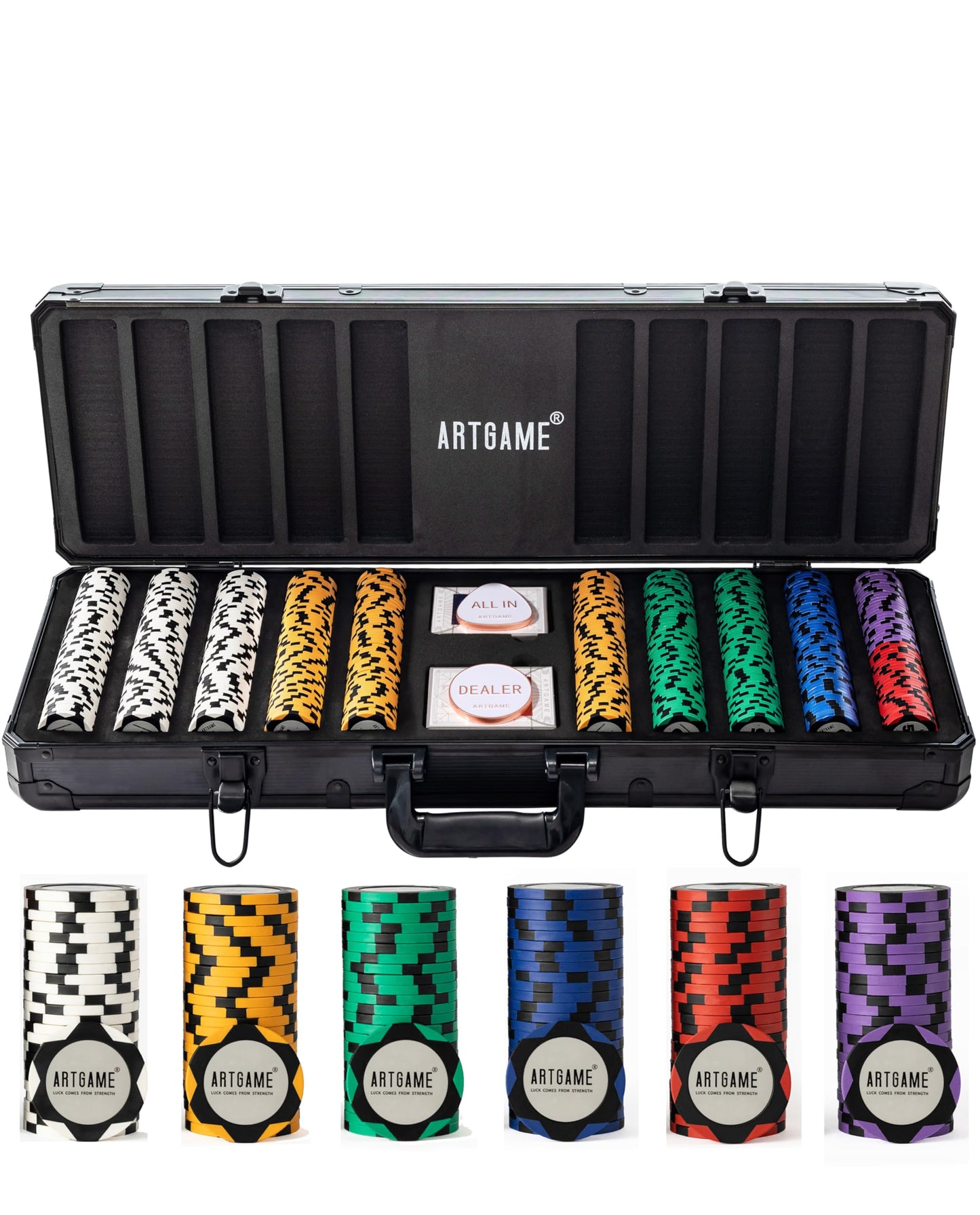 ARTGAME 14 Gram Clay Poker Chip Set for Texas Hold’em, 500Pcs Casino Style Chips, with K-Type Aluminum Case and Dealer Buttons.