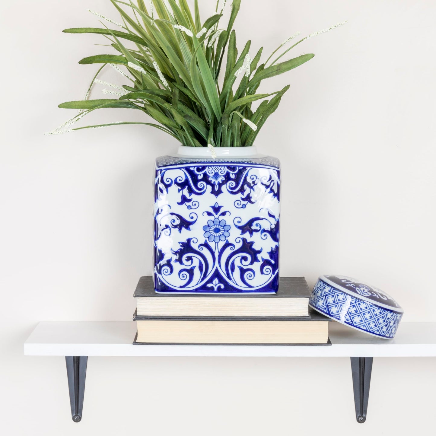 Creative Co-Op Decorative Square Ceramic Ginger Jar with Lid for Small Spaces, Blue and White